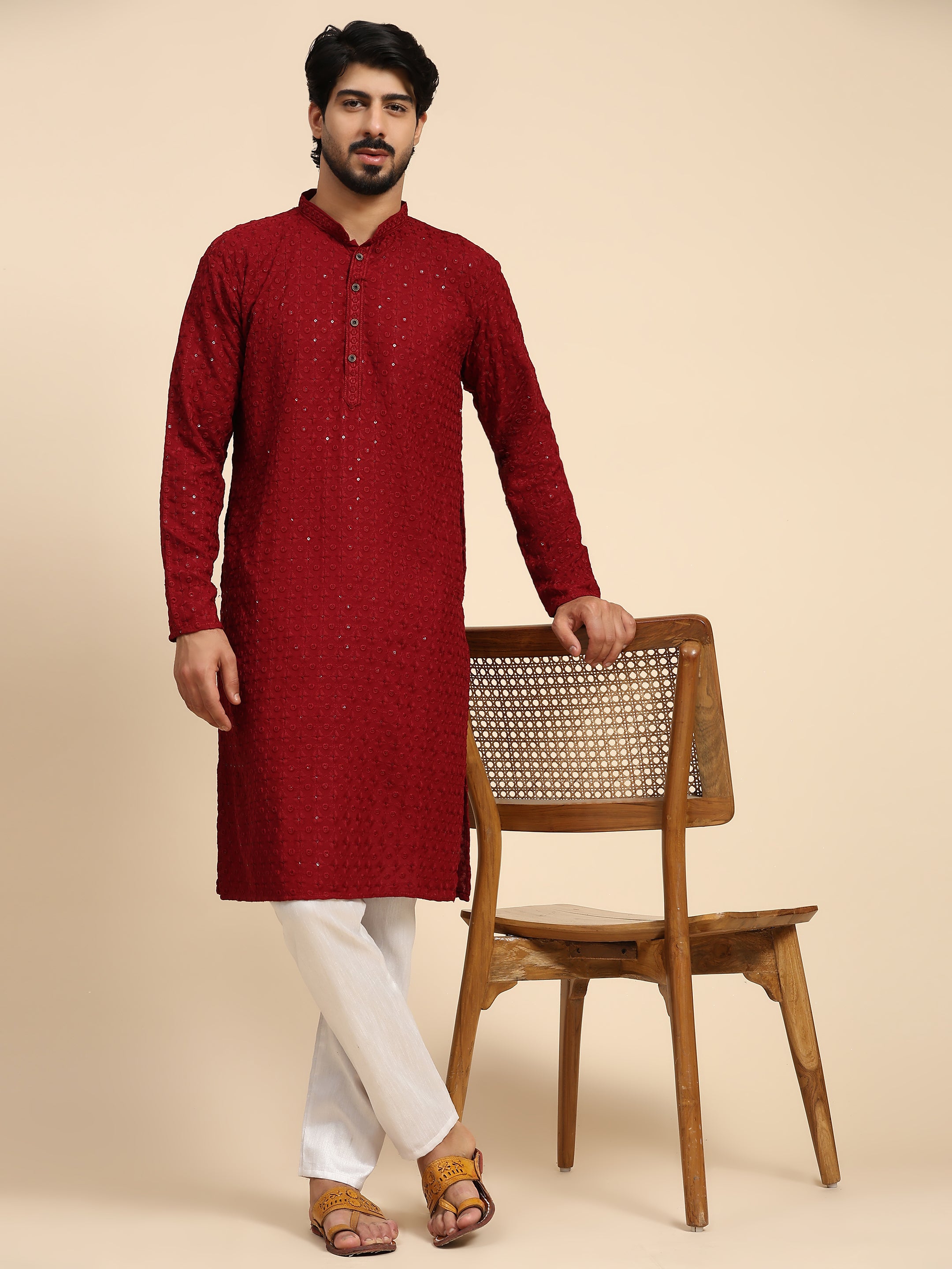 Men's Maroon Rayon Cotton ChikanKari Kurta Pajama Set