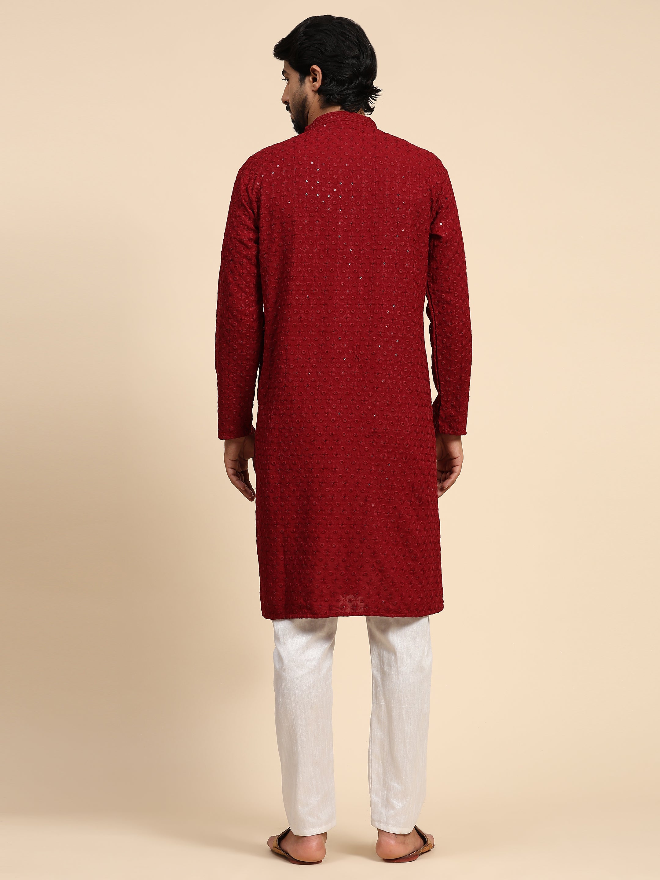 Men's Maroon Rayon Cotton ChikanKari Kurta Pajama Set