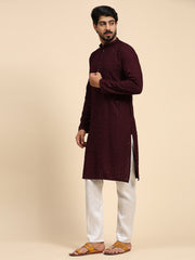 Men's Wine Rayon Cotton ChikanKari Kurta Pajama Set