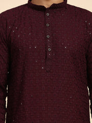 Men's Wine Rayon Cotton ChikanKari Kurta Pajama Set