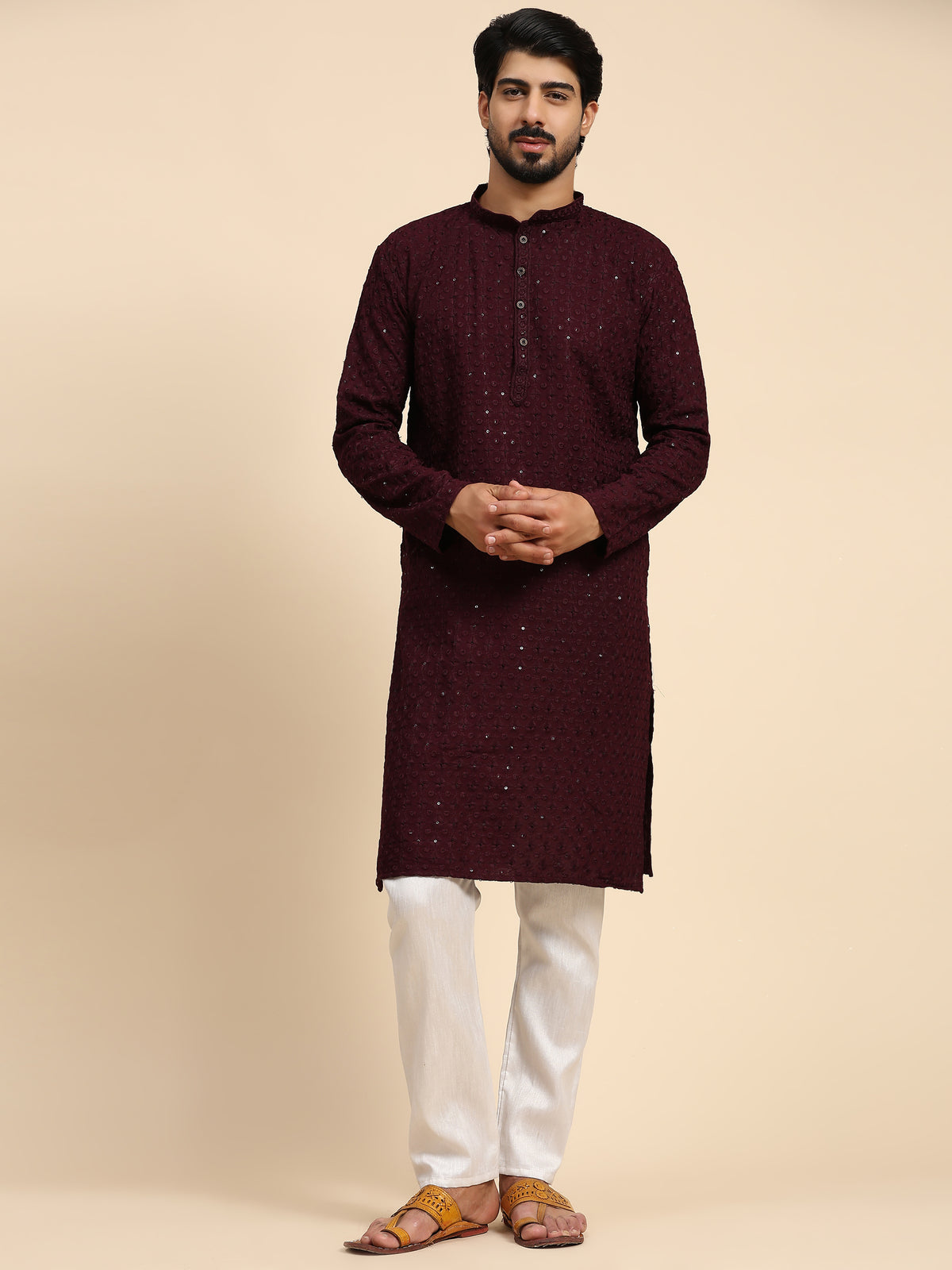 Men's Wine Rayon Cotton ChikanKari Kurta Pajama Set