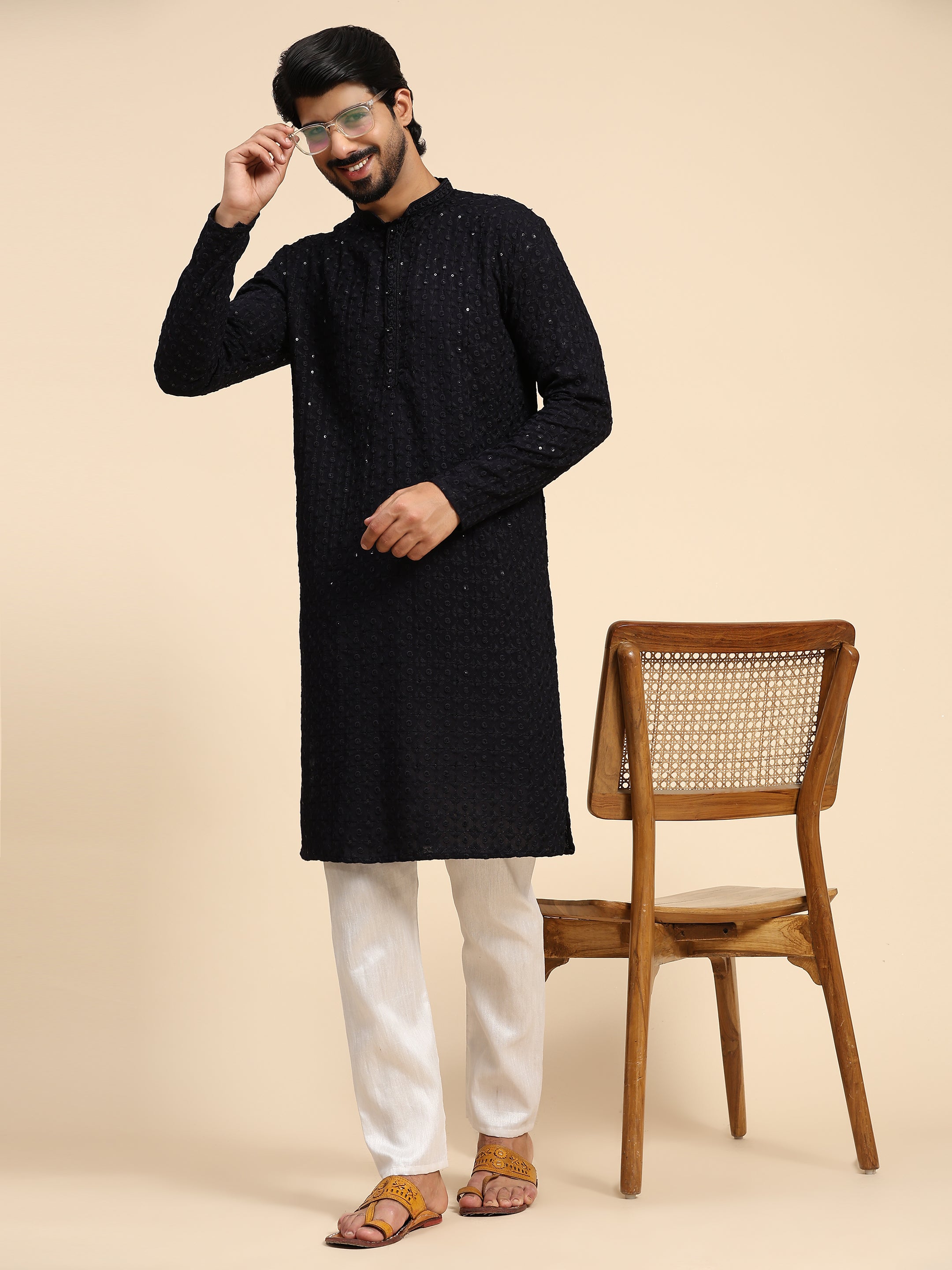 Men's Blue Rayon Cotton ChikanKari Kurta Pajama Set