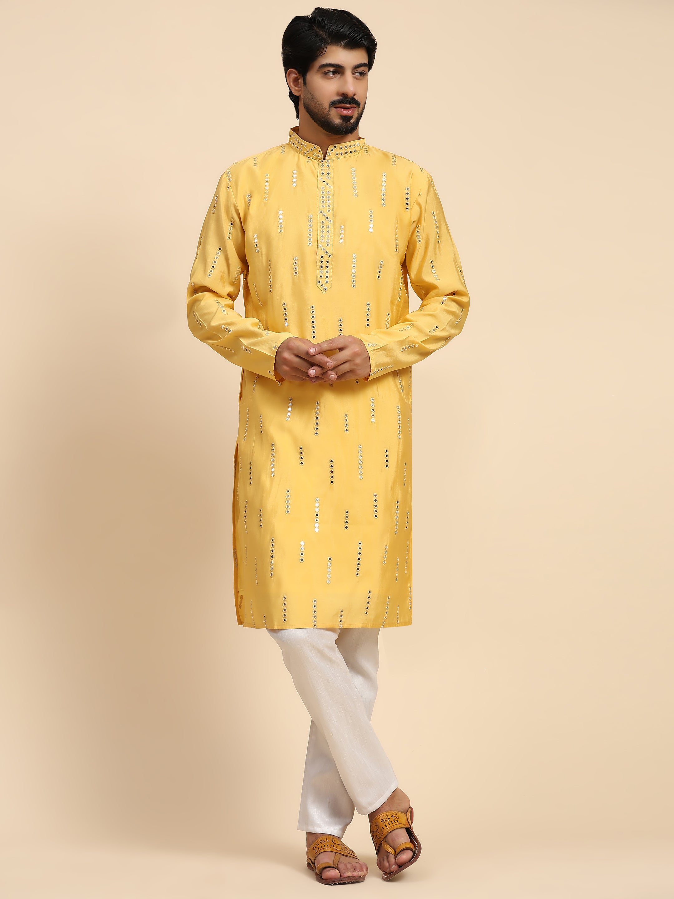 Men's Yellow Silk Mirror Kurta Pajama Set