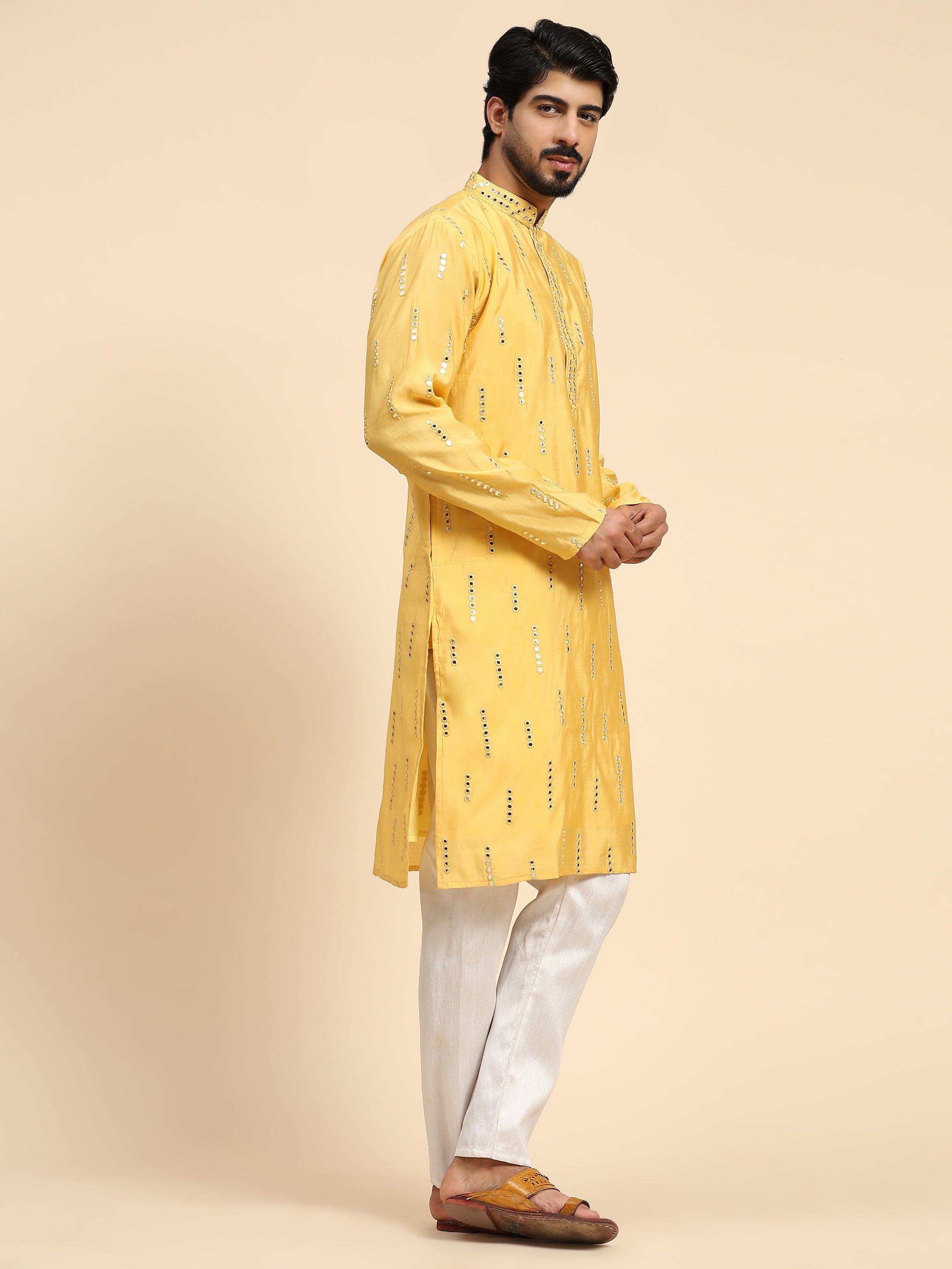 Men's Yellow Silk Mirror Kurta Pajama Set