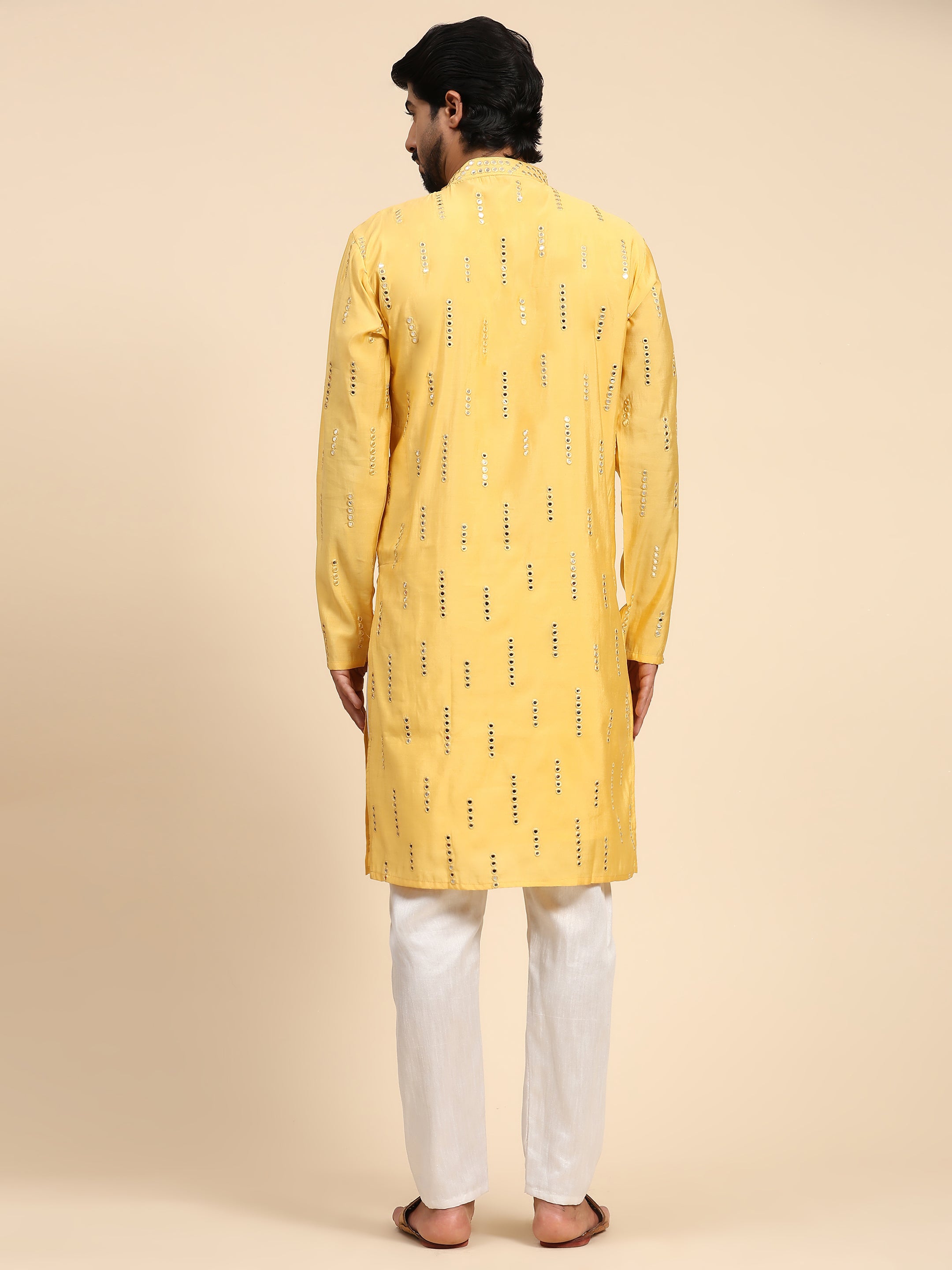 Men's Yellow Silk Mirror Kurta Pajama Set