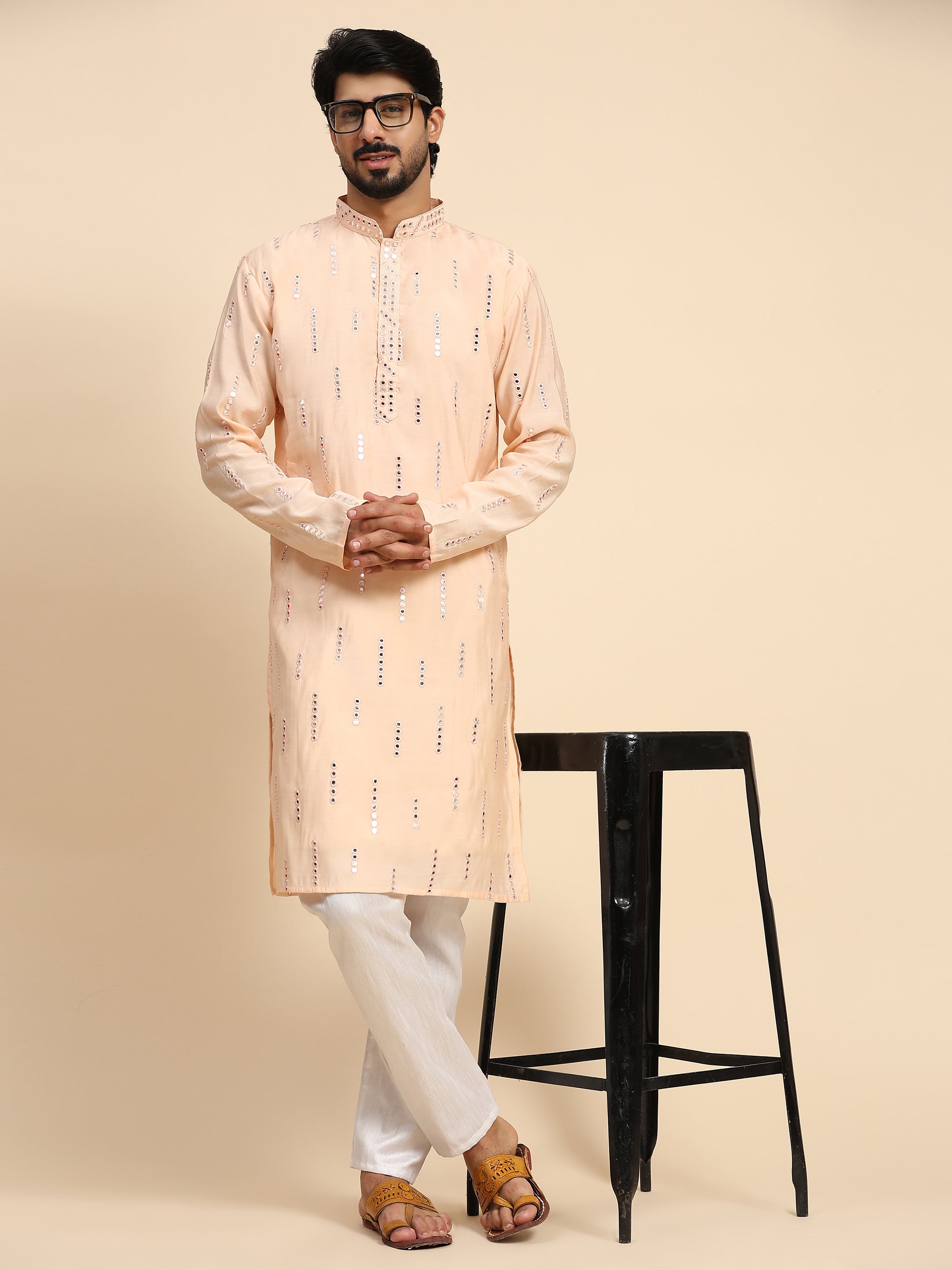 Men's Baby Pink Silk Mirror Work Kurta Pajama Set