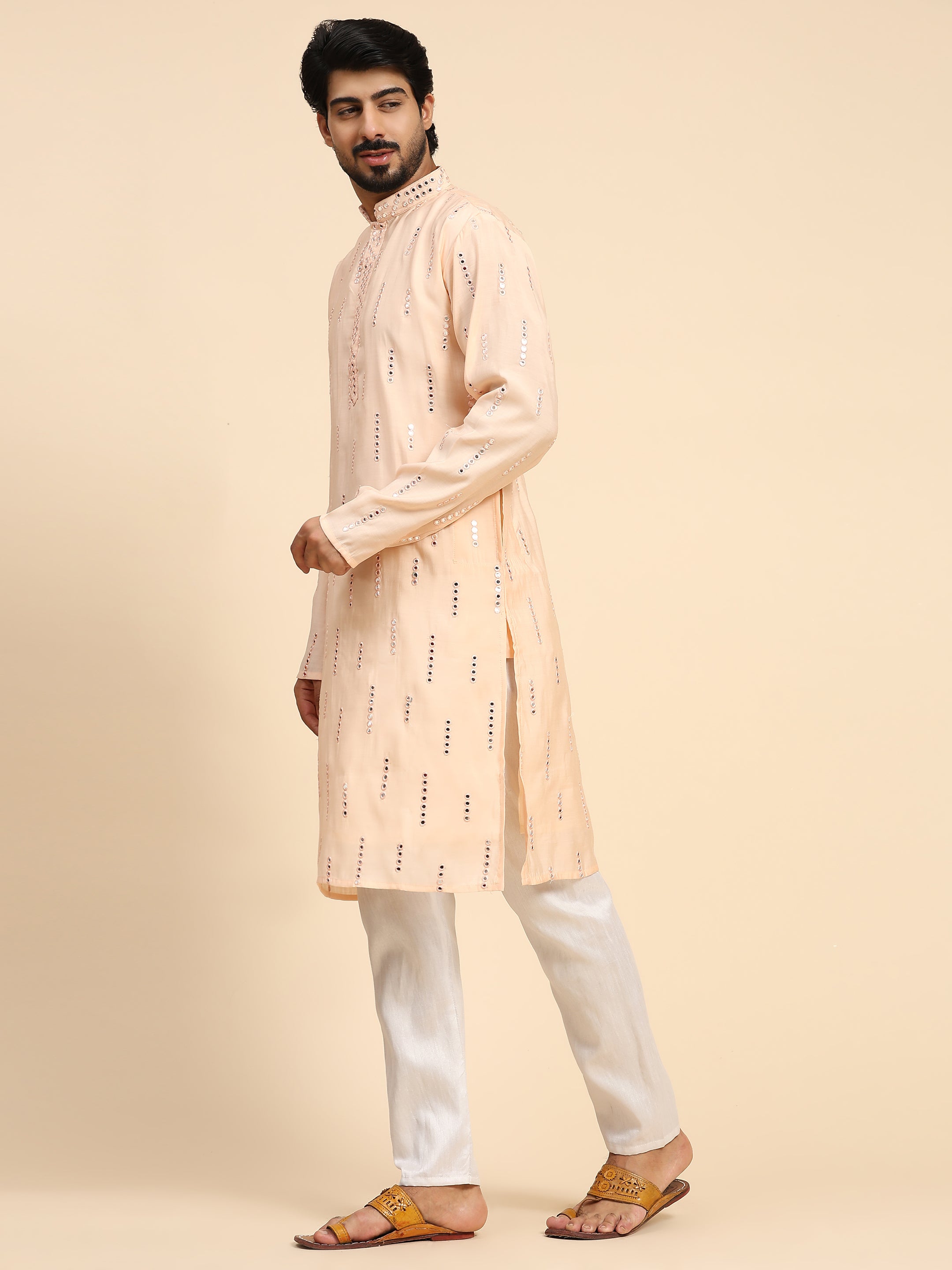 Men's Baby Pink Silk Mirror Work Kurta Pajama Set