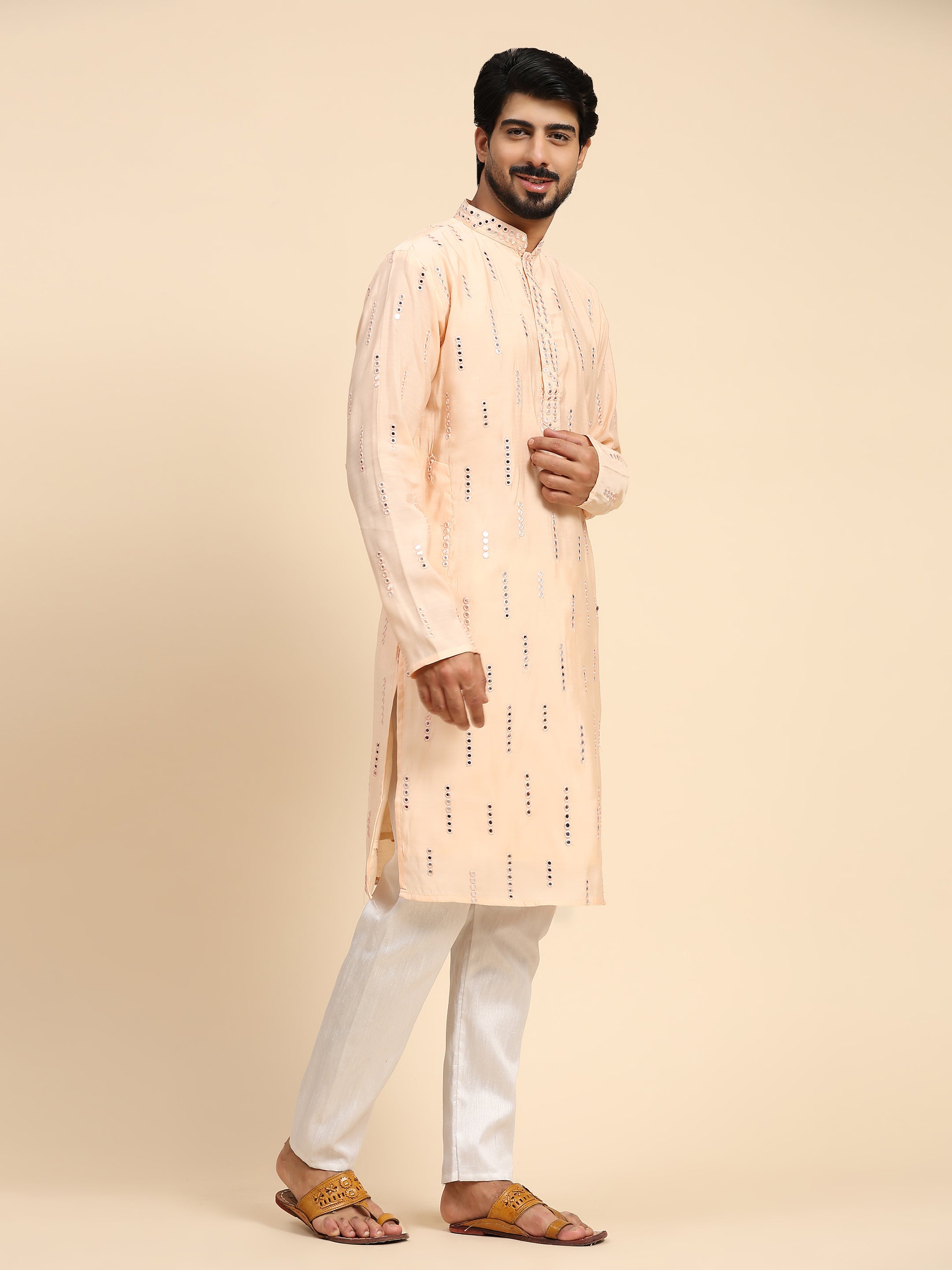 Men's Baby Pink Silk Mirror Work Kurta Pajama Set