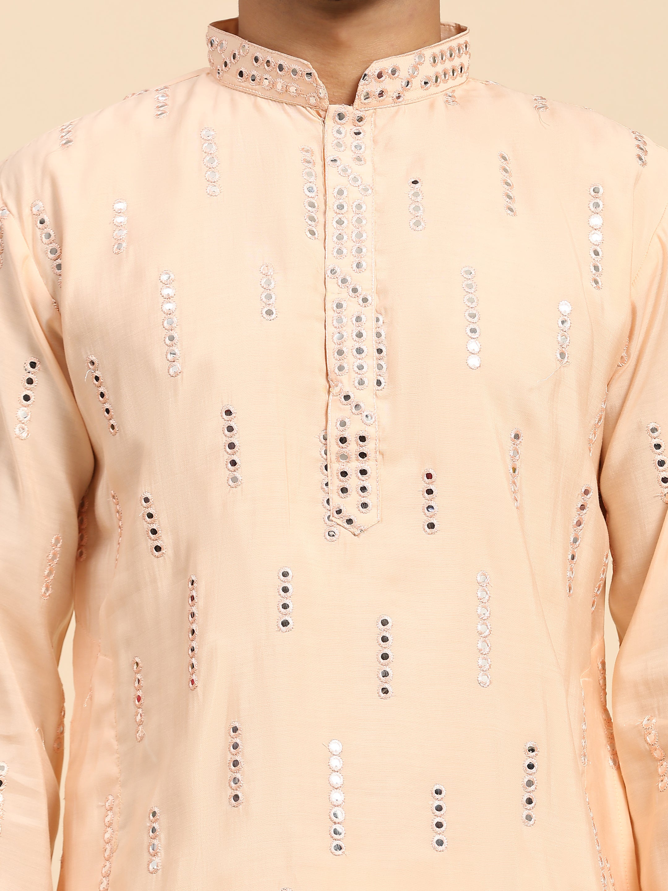 Men's Baby Pink Silk Mirror Work Kurta Pajama Set