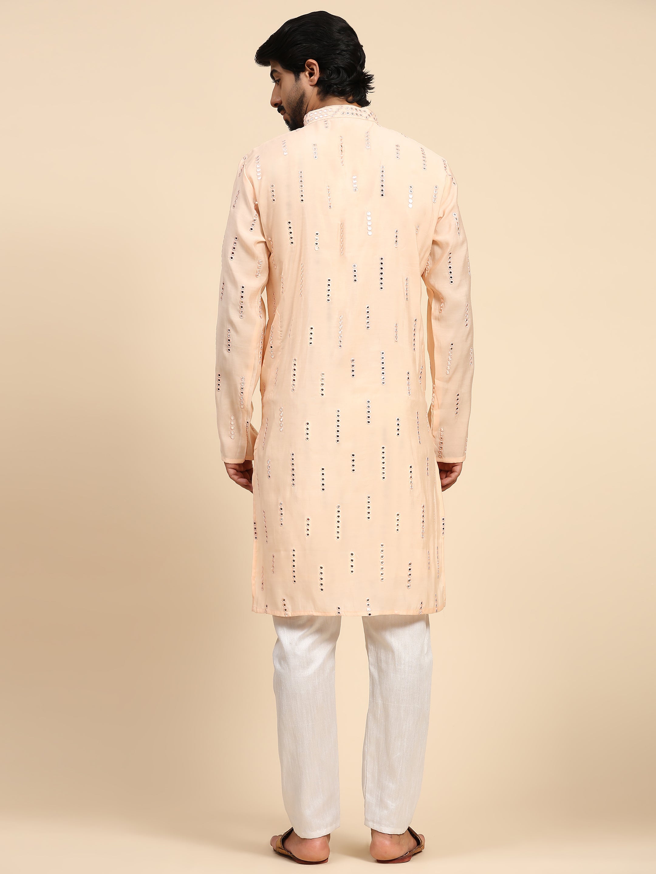 Men's Baby Pink Silk Mirror Work Kurta Pajama Set