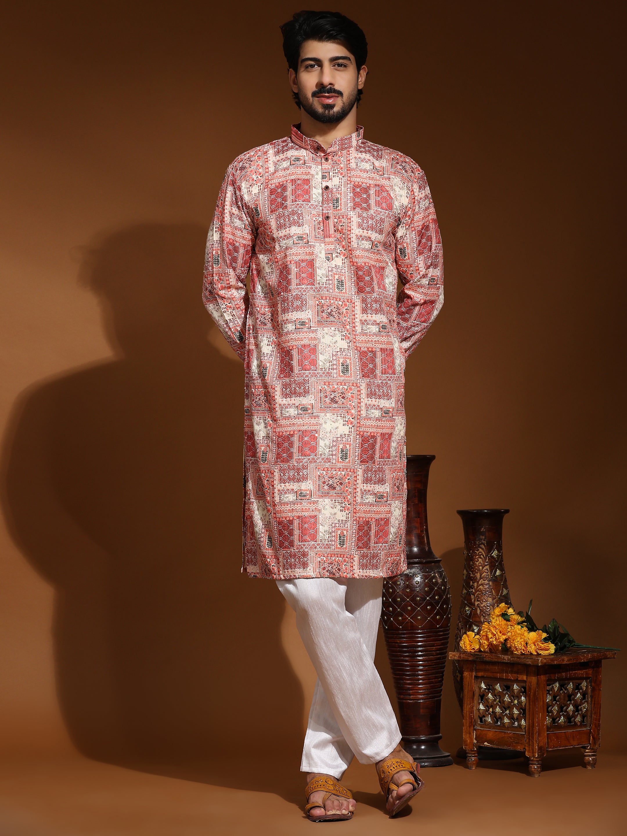 Men's Multi Cotton Sequins Abstract Print Kurta Pajama Set