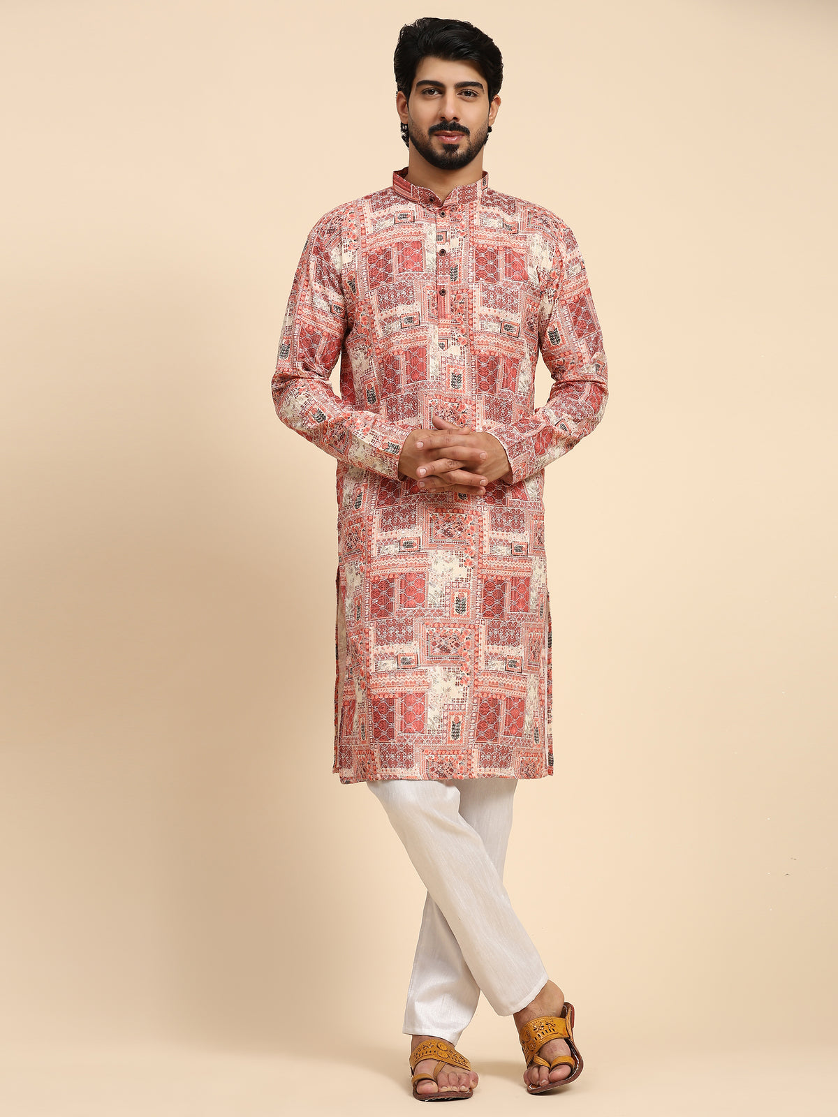 Men's Multi Cotton Sequins Abstract Print Kurta Pajama Set