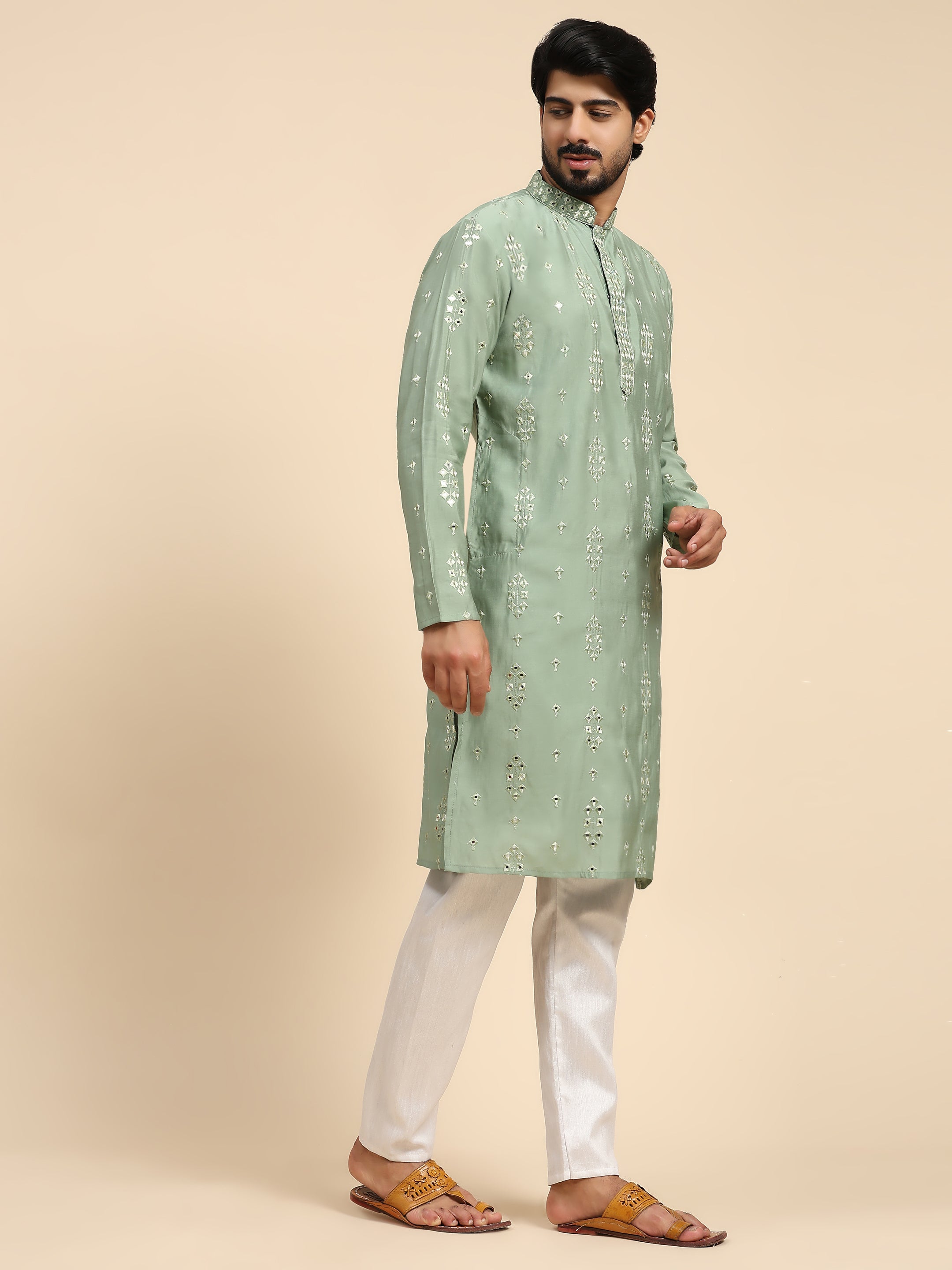 Men's Pastel Green Silk Mirror Kurta Pajama Set