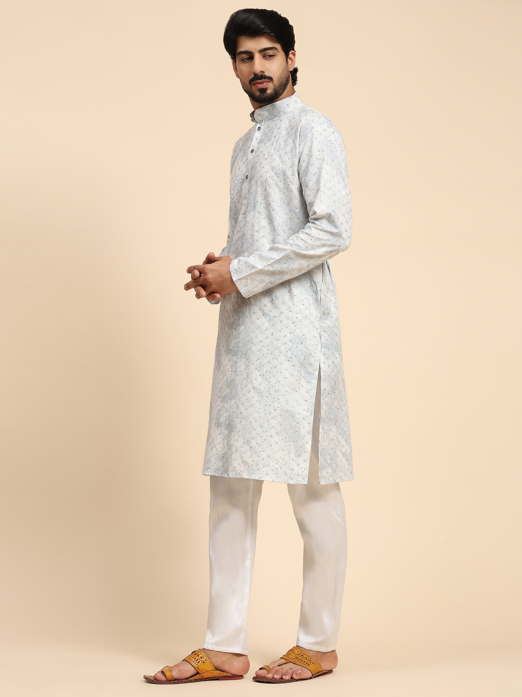 Men's Light Blue Cotton Sequins Kurta Pajama Set