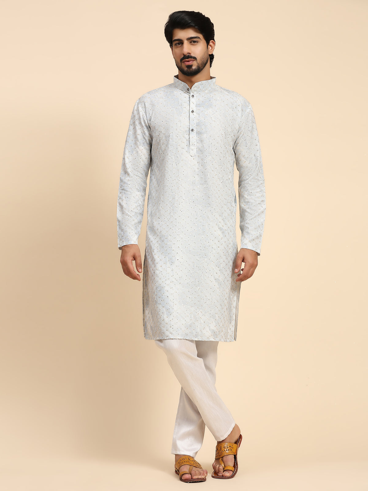 Men's Light Blue Cotton Sequins Kurta Pajama Set