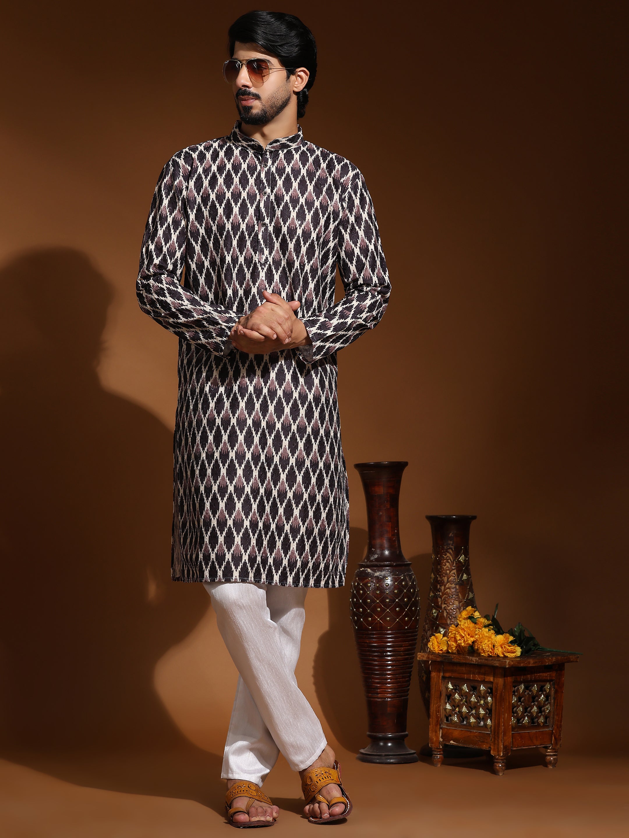 Ensemble pyjama Kurta à imprimé numérique en coton multi-viscose pour homme 