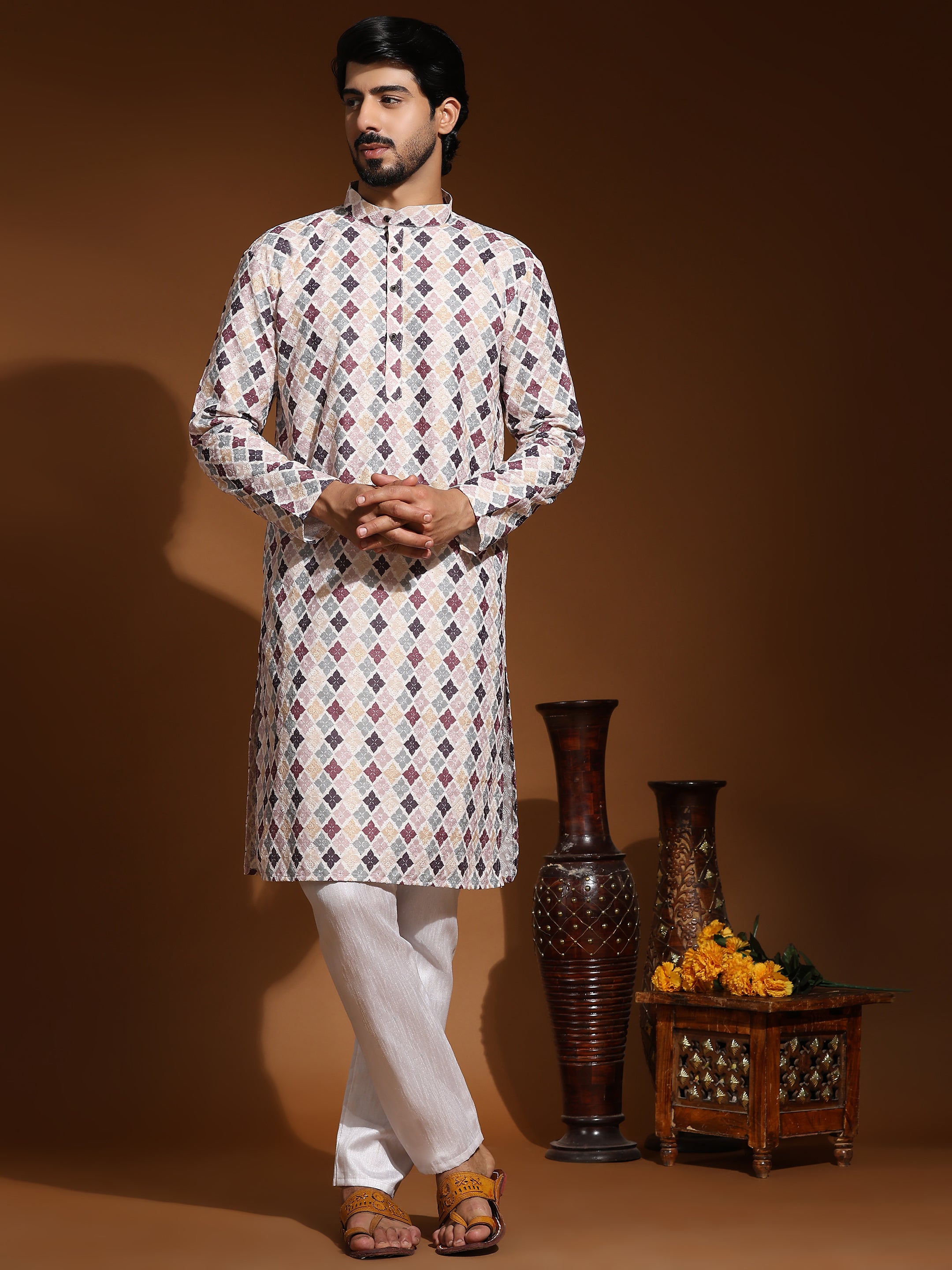 Ensemble pyjama Kurta à imprimé numérique en coton multi-viscose pour homme 