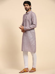 Men's Purple Linen Motif Digital Print Kurta Pajama Set