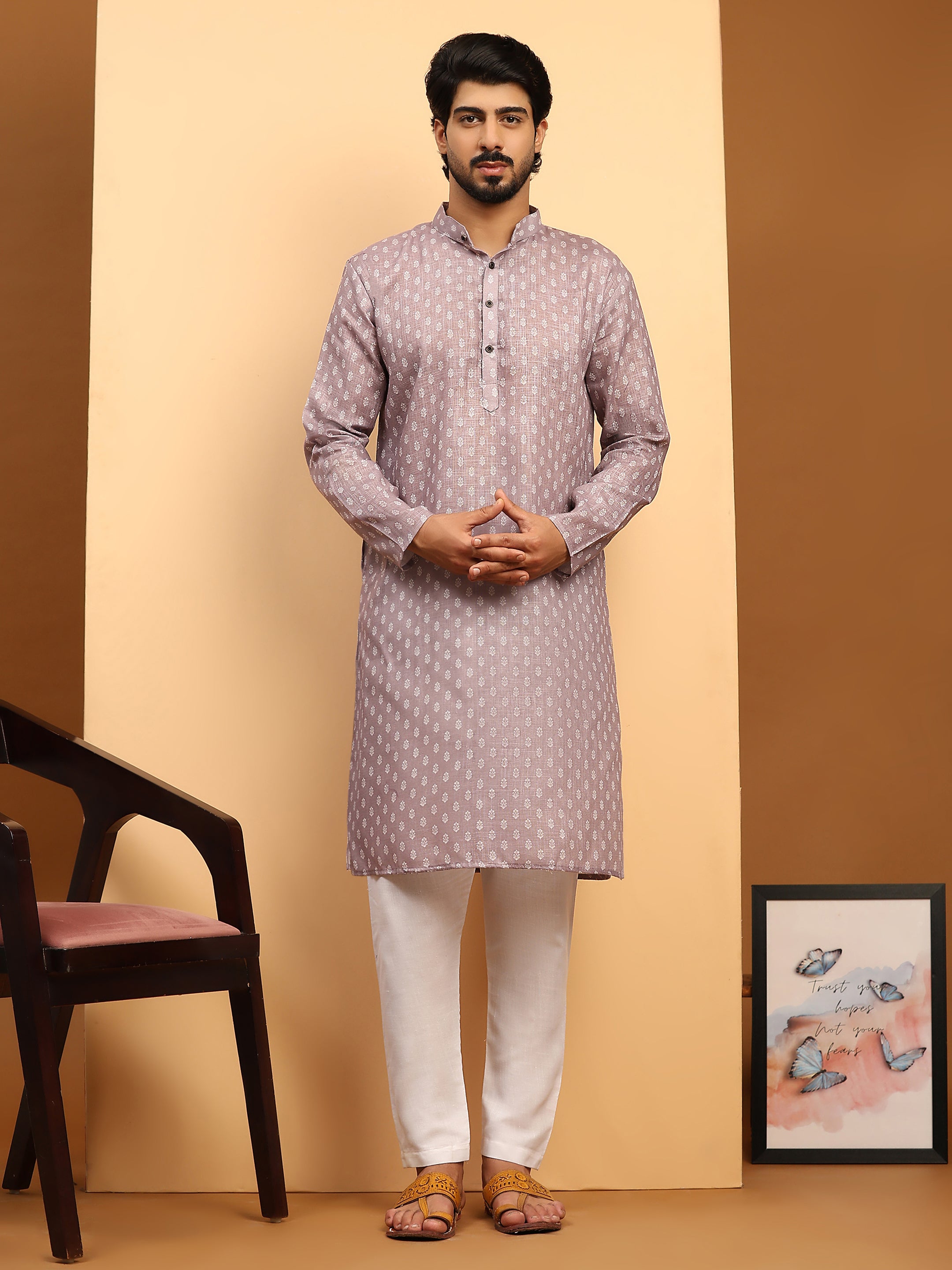 Men's Purple Linen Motif Digital Print Kurta Pajama Set