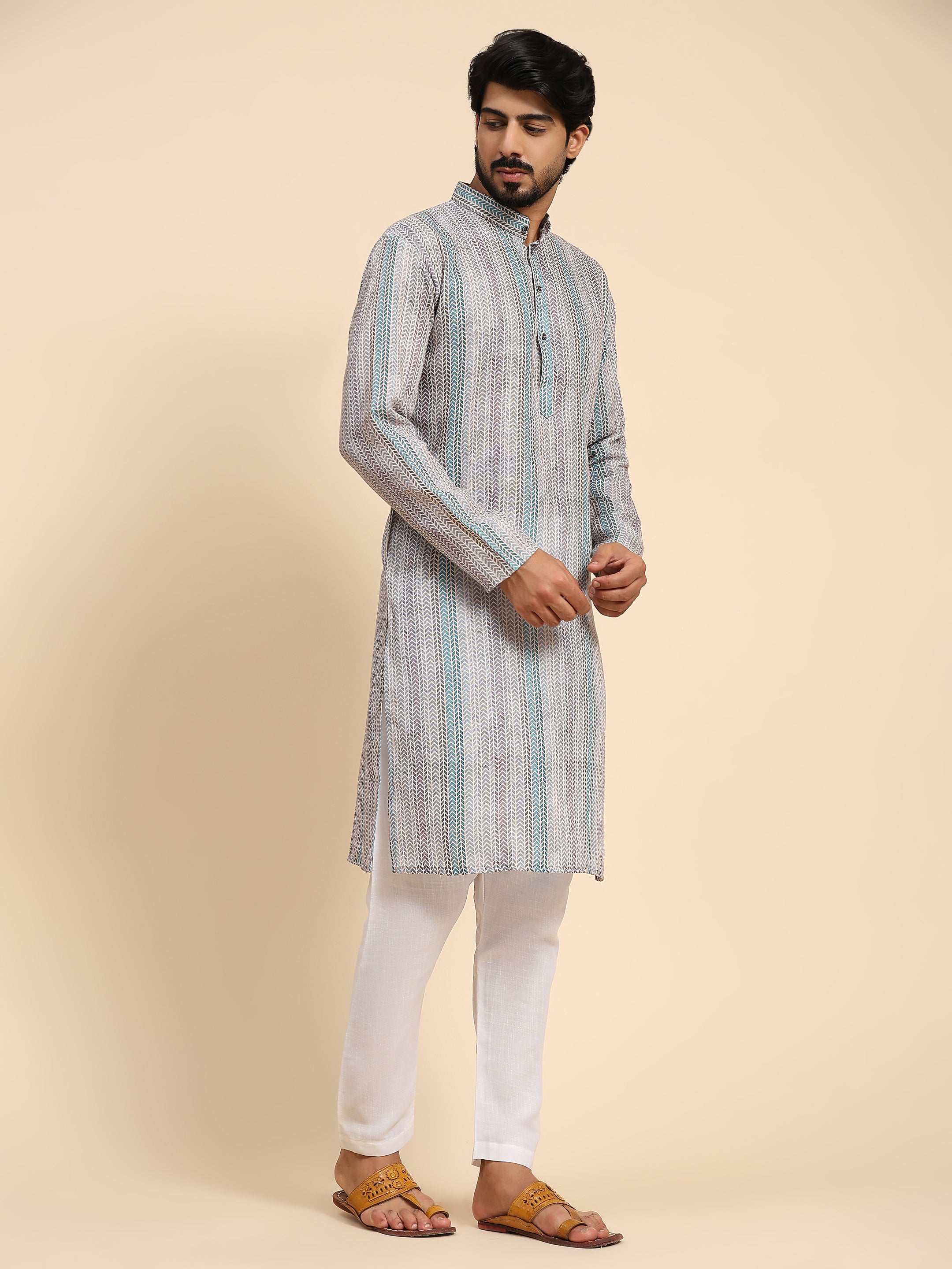 Men's Multi Linen Digital Print Kurta Pajama Set