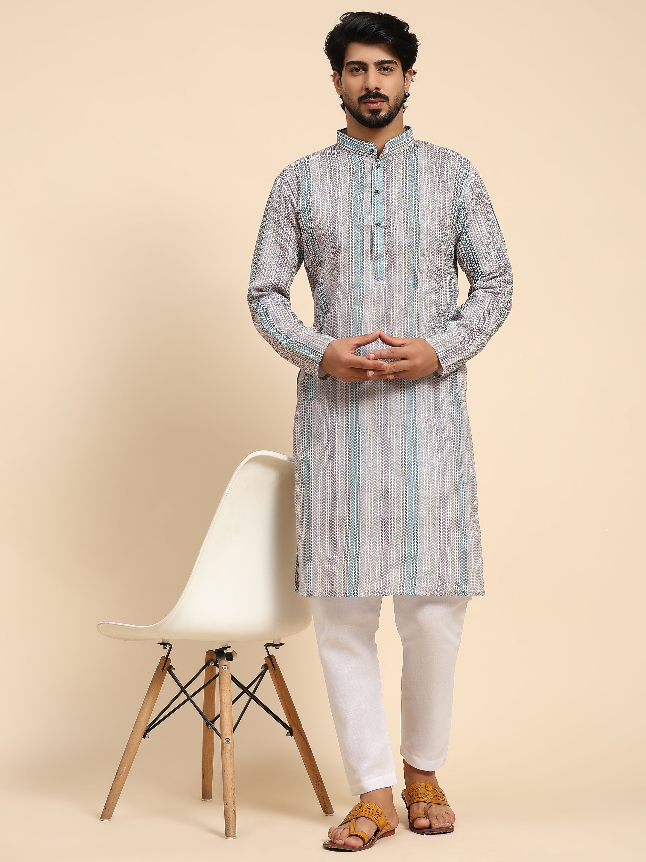 Men's Multi Linen Digital Print Kurta Pajama Set