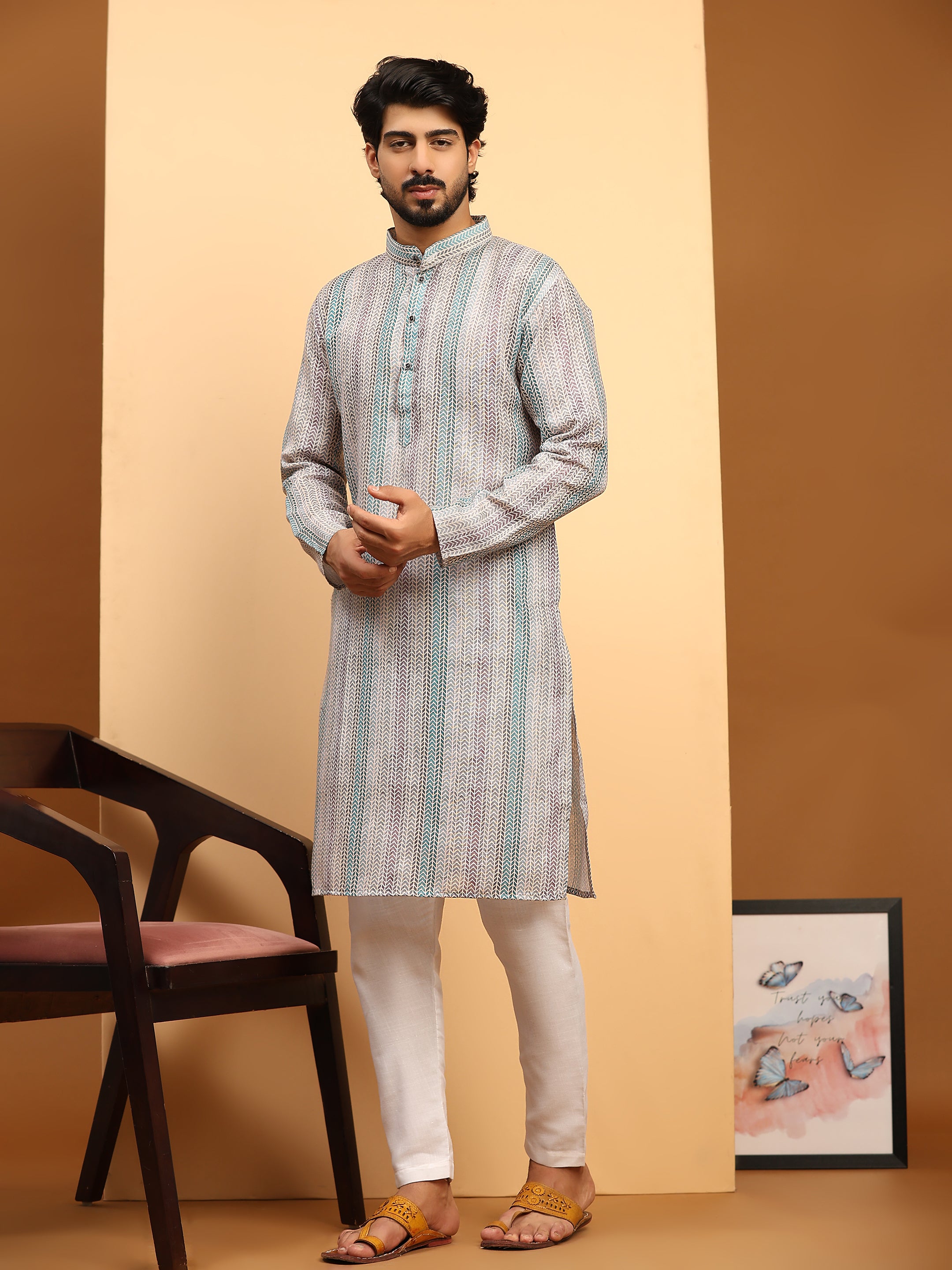 Men's Multi Linen Digital Print Kurta Pajama Set