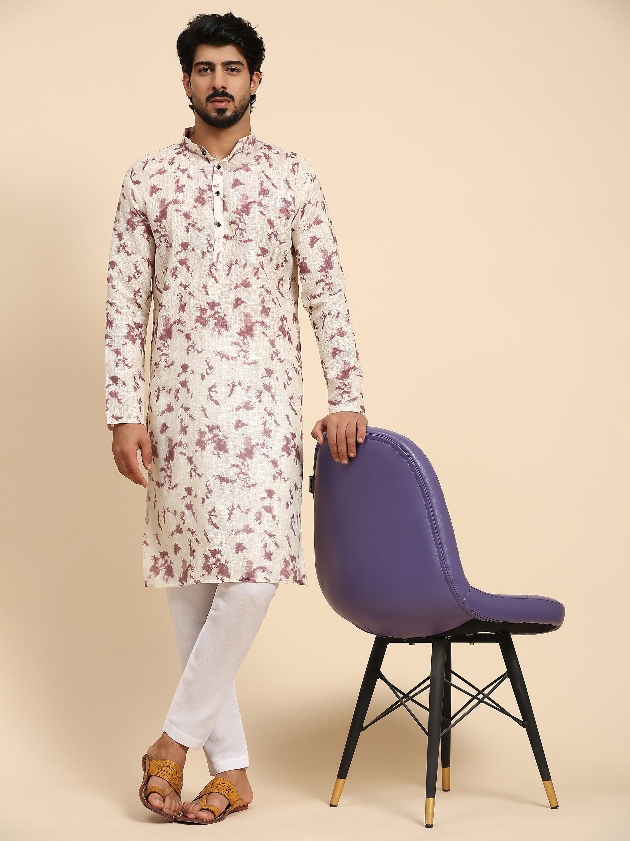 Ensemble pyjama Kurta imprimé numérique en lin mauve pour homme 