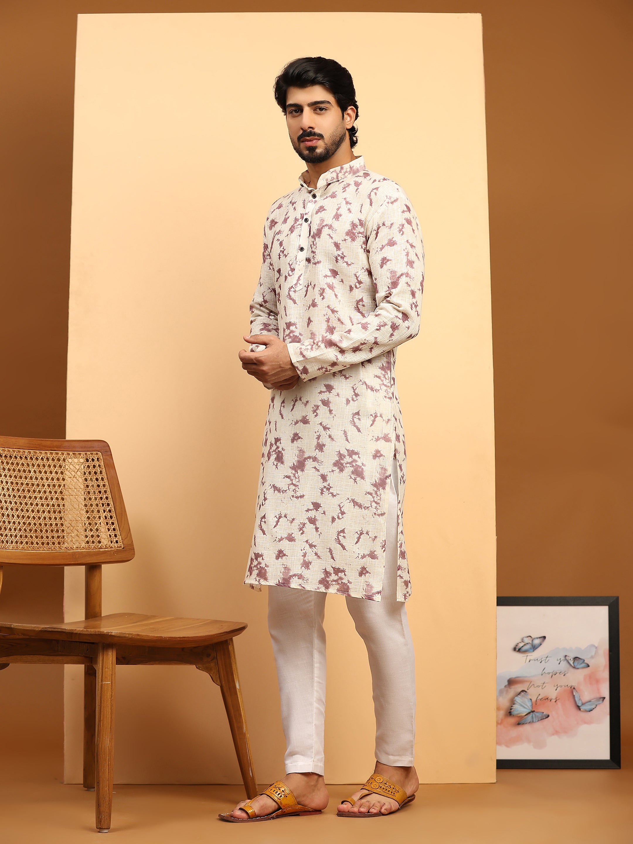 Ensemble pyjama Kurta imprimé numérique en lin mauve pour homme 