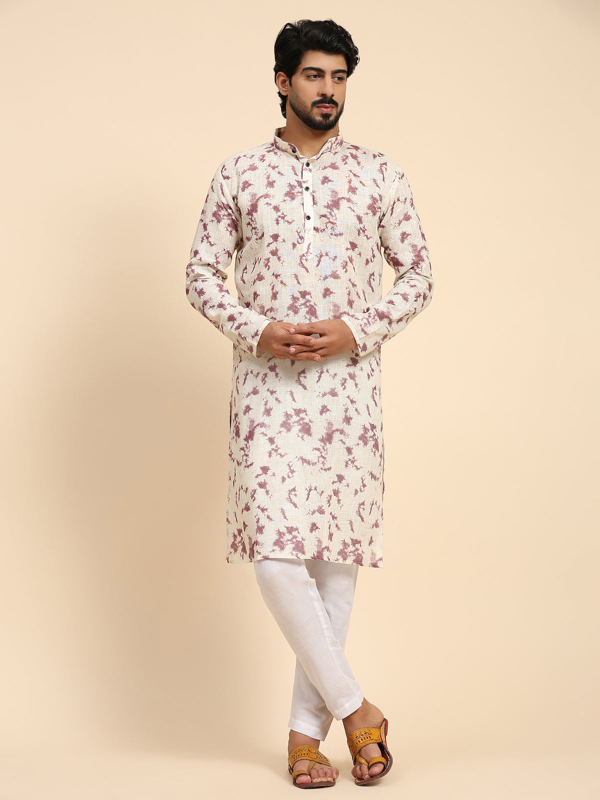 Ensemble pyjama Kurta imprimé numérique en lin mauve pour homme 