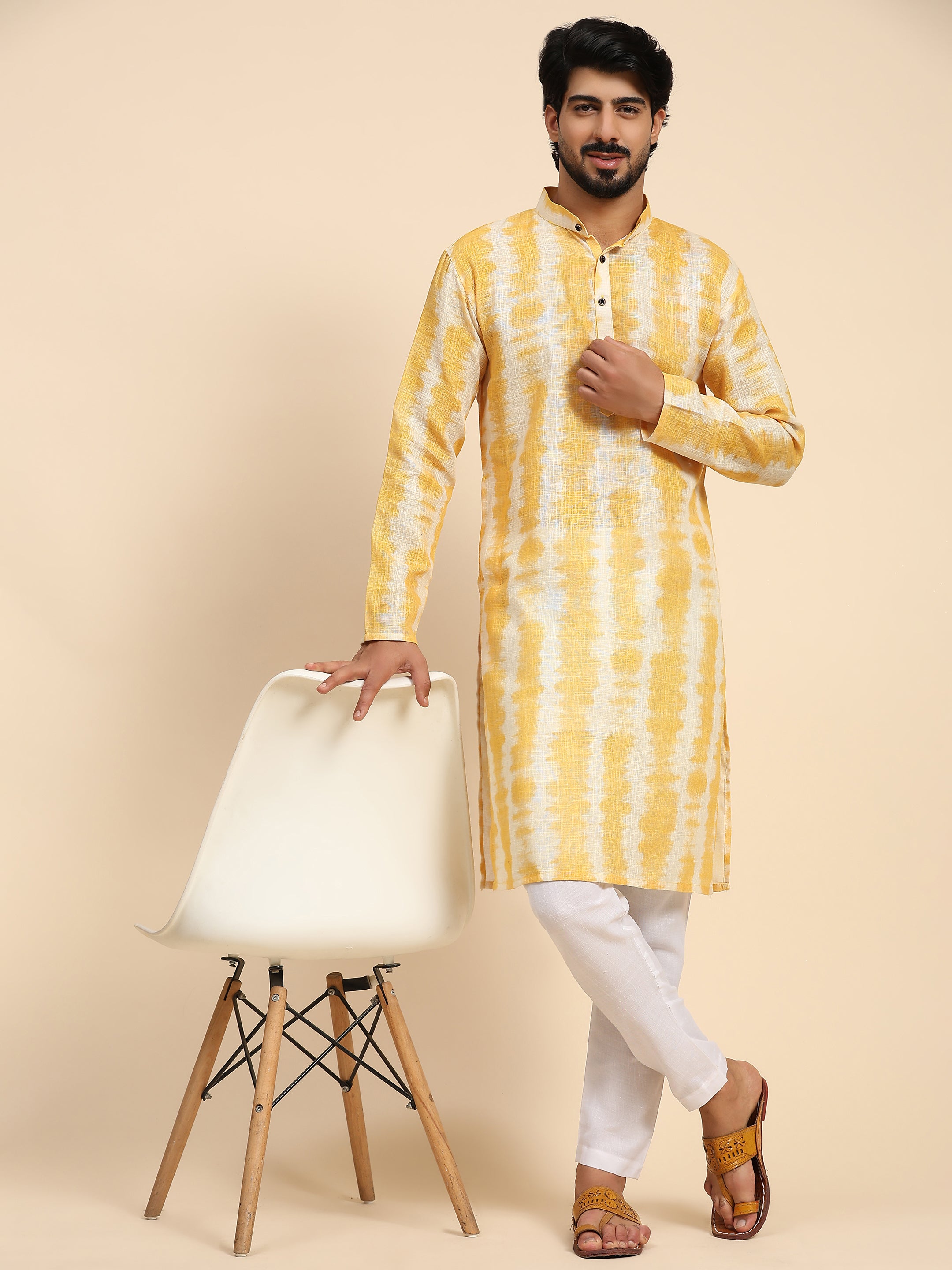 Men's Yellow Tie Dye Linen Digital Print Kurta Pajama Set