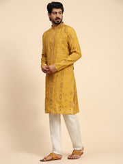 Men's Mustard Silk Mirror Kurta Pajama Set