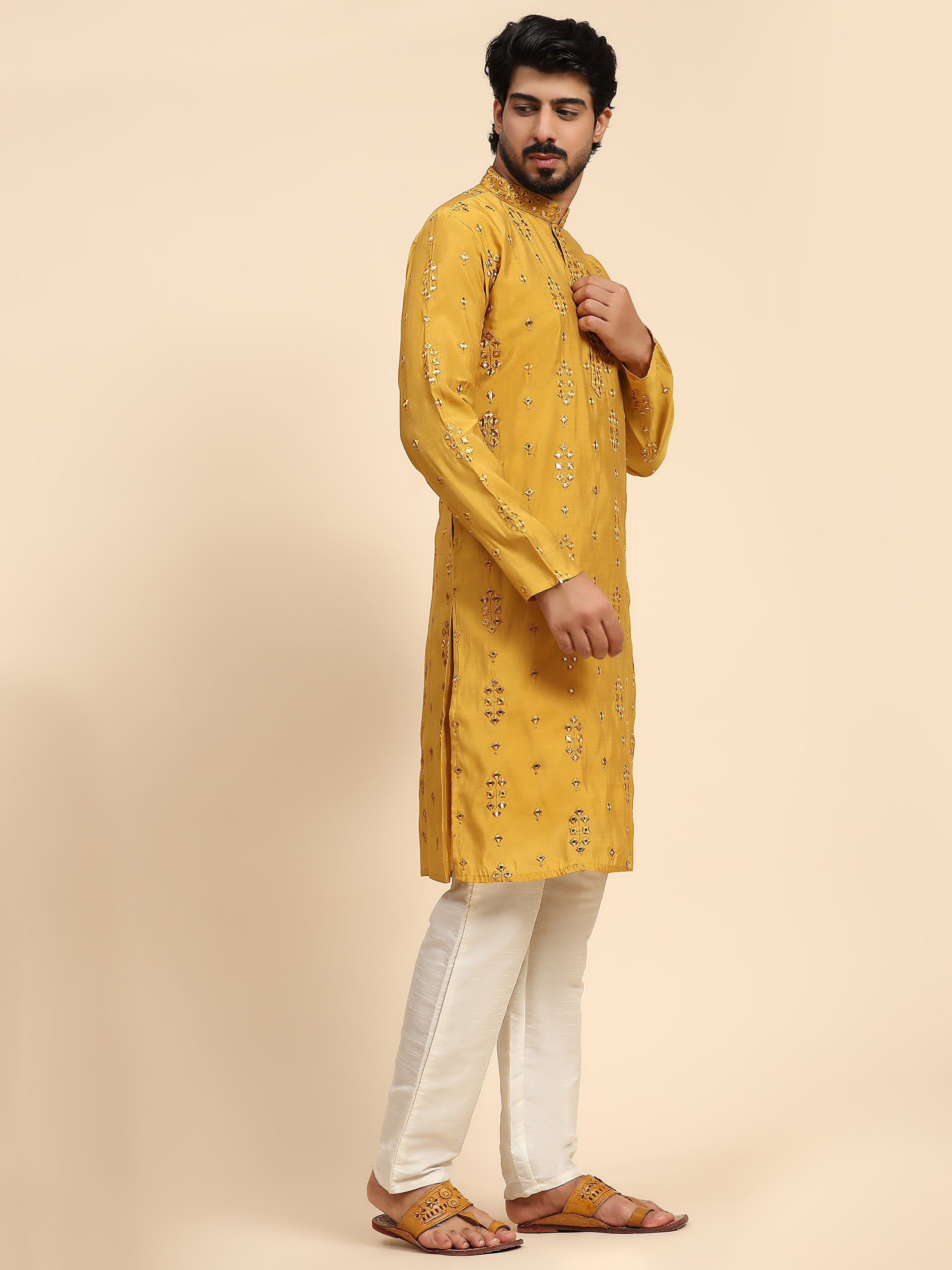 Men's Mustard Silk Mirror Kurta Pajama Set