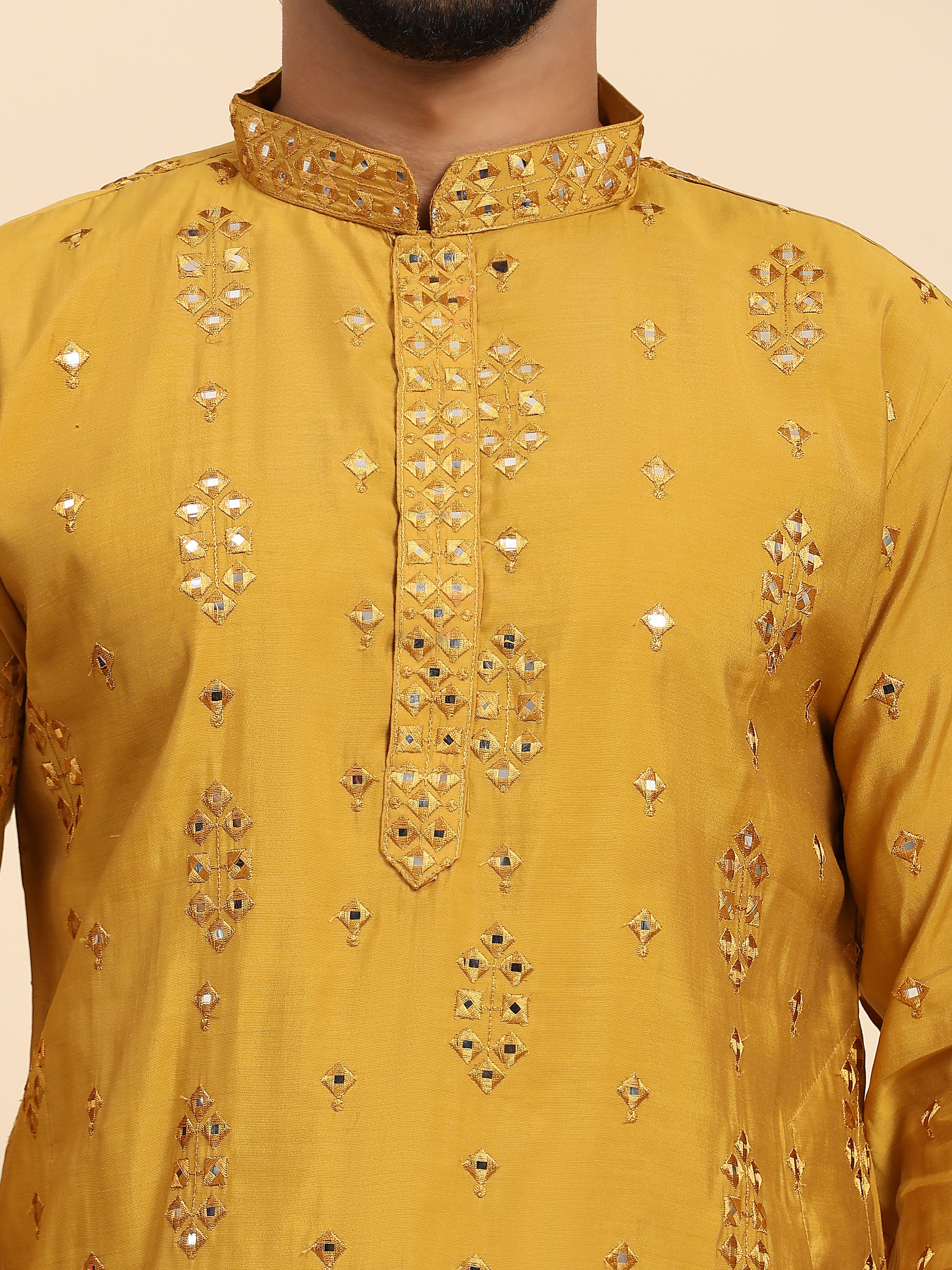 Men's Mustard Silk Mirror Kurta Pajama Set