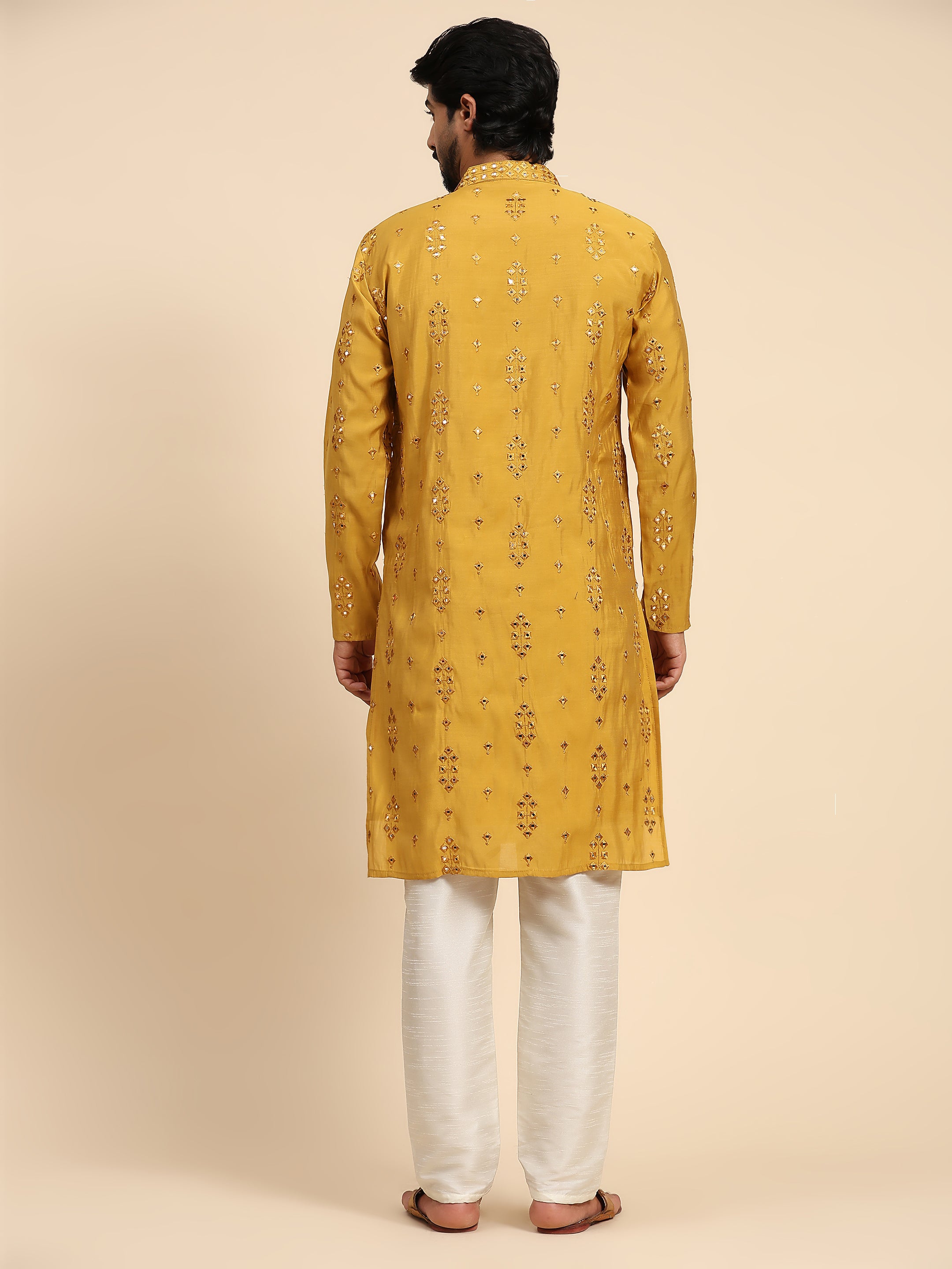 Men's Mustard Silk Mirror Kurta Pajama Set