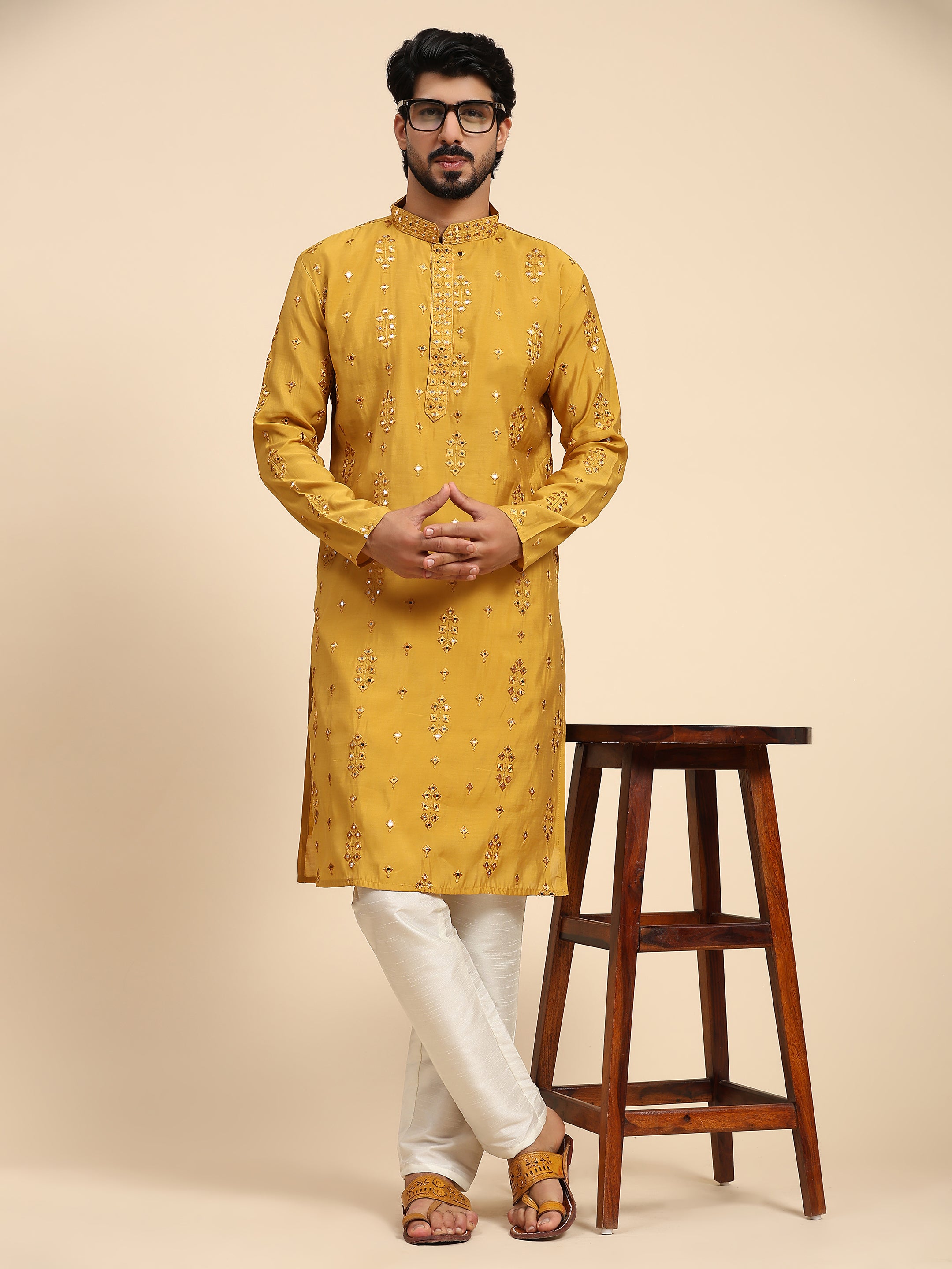 Men's Mustard Silk Mirror Kurta Pajama Set