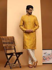 Men's Mustard Silk Mirror Kurta Pajama Set