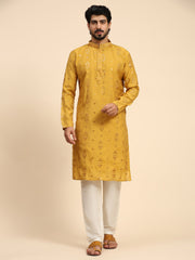 Men's Mustard Silk Mirror Kurta Pajama Set