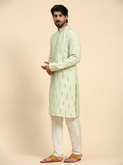 Men's Light Green Silk Mirror Work Kurta Pajama Set