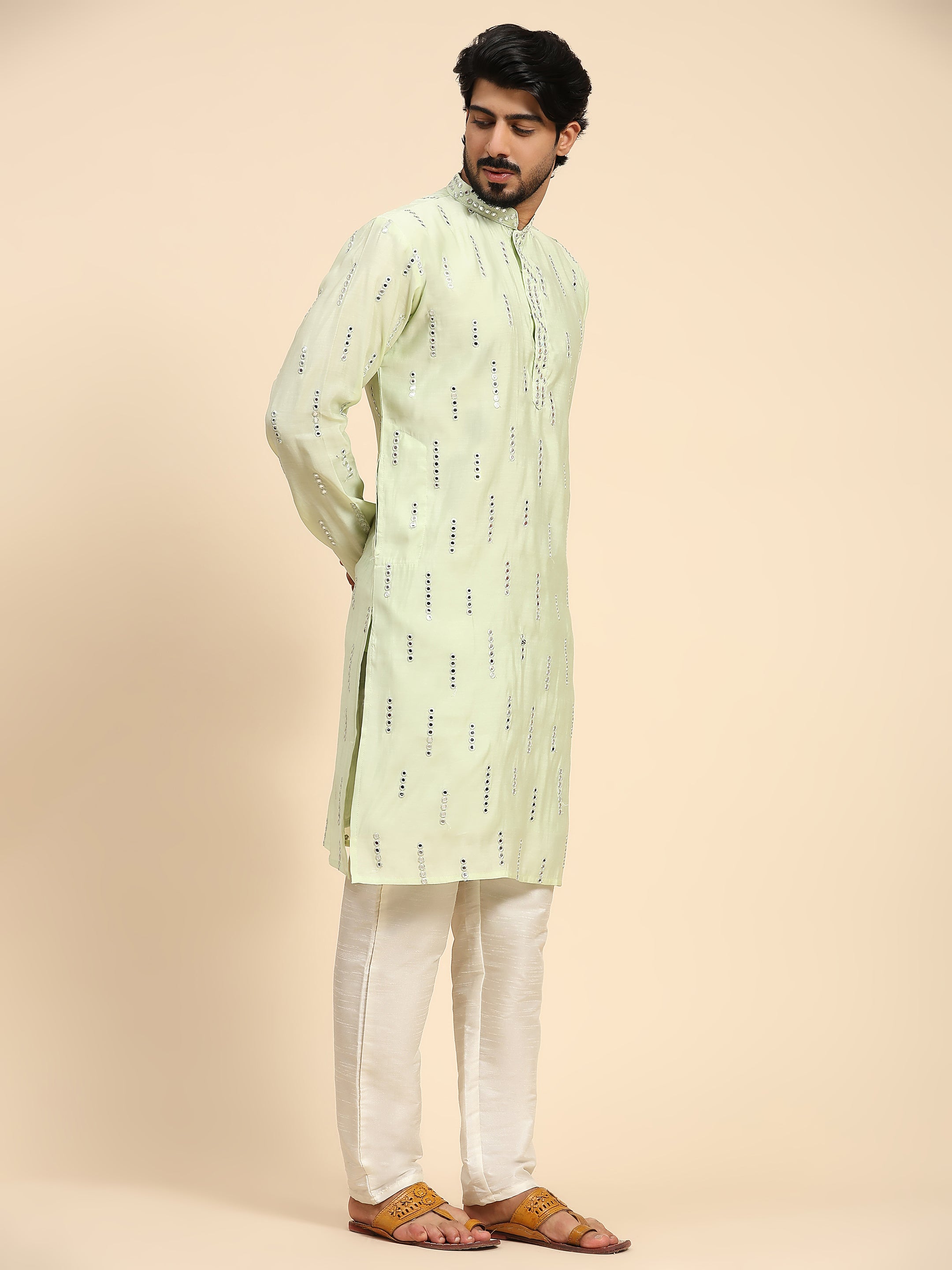 Men's Light Green Silk Mirror Work Kurta Pajama Set