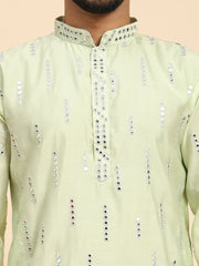 Men's Light Green Silk Mirror Work Kurta Pajama Set