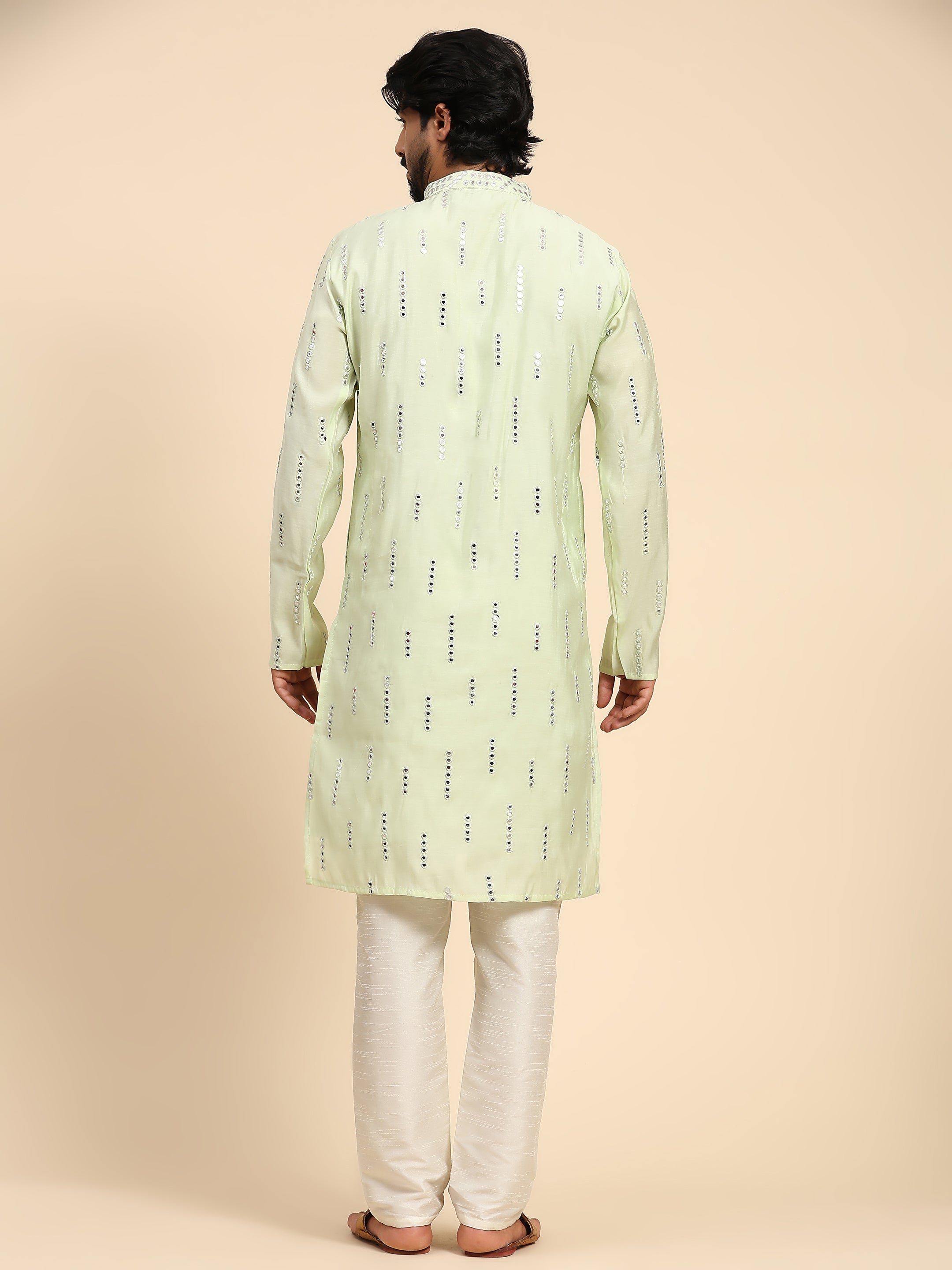 Men's Light Green Silk Mirror Work Kurta Pajama Set