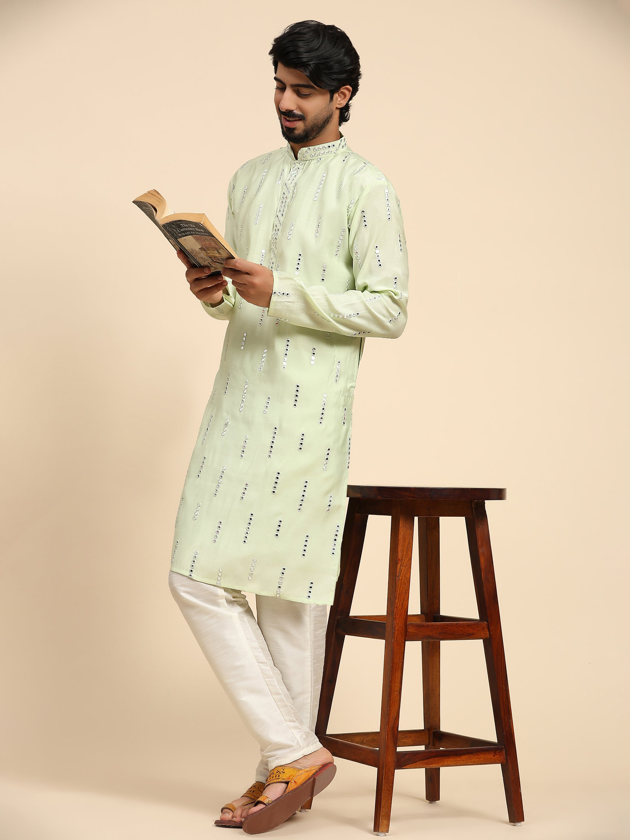 Men's Light Green Silk Mirror Work Kurta Pajama Set