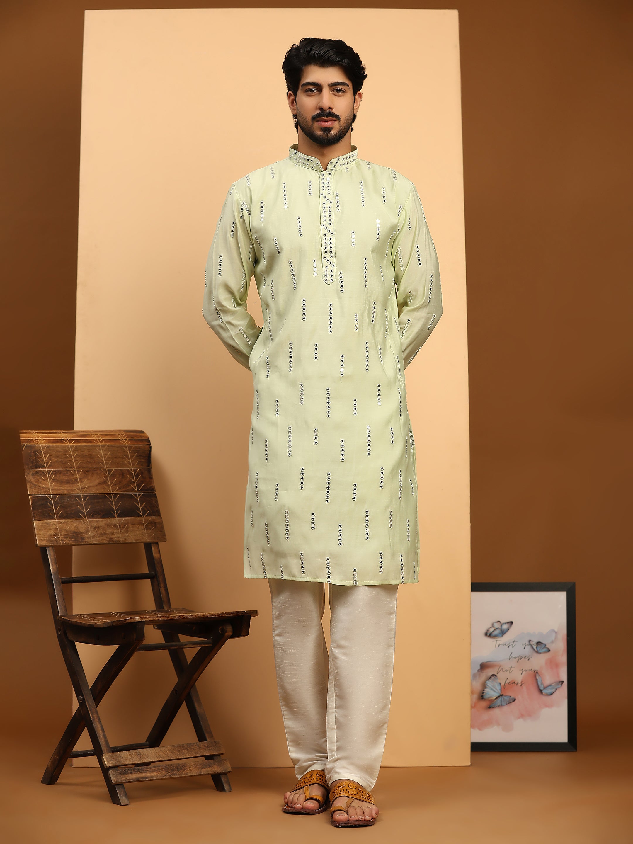 Men's Light Green Silk Mirror Work Kurta Pajama Set