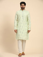 Men's Light Green Silk Mirror Work Kurta Pajama Set