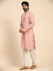 Men's Pink Silk Mirror Kurta Pajama Set