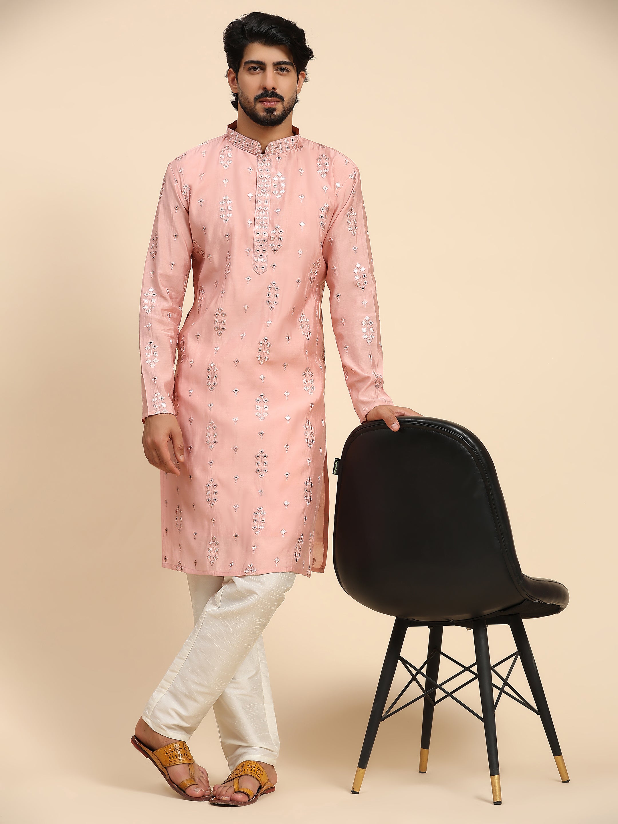 Men's Pink Silk Mirror Kurta Pajama Set