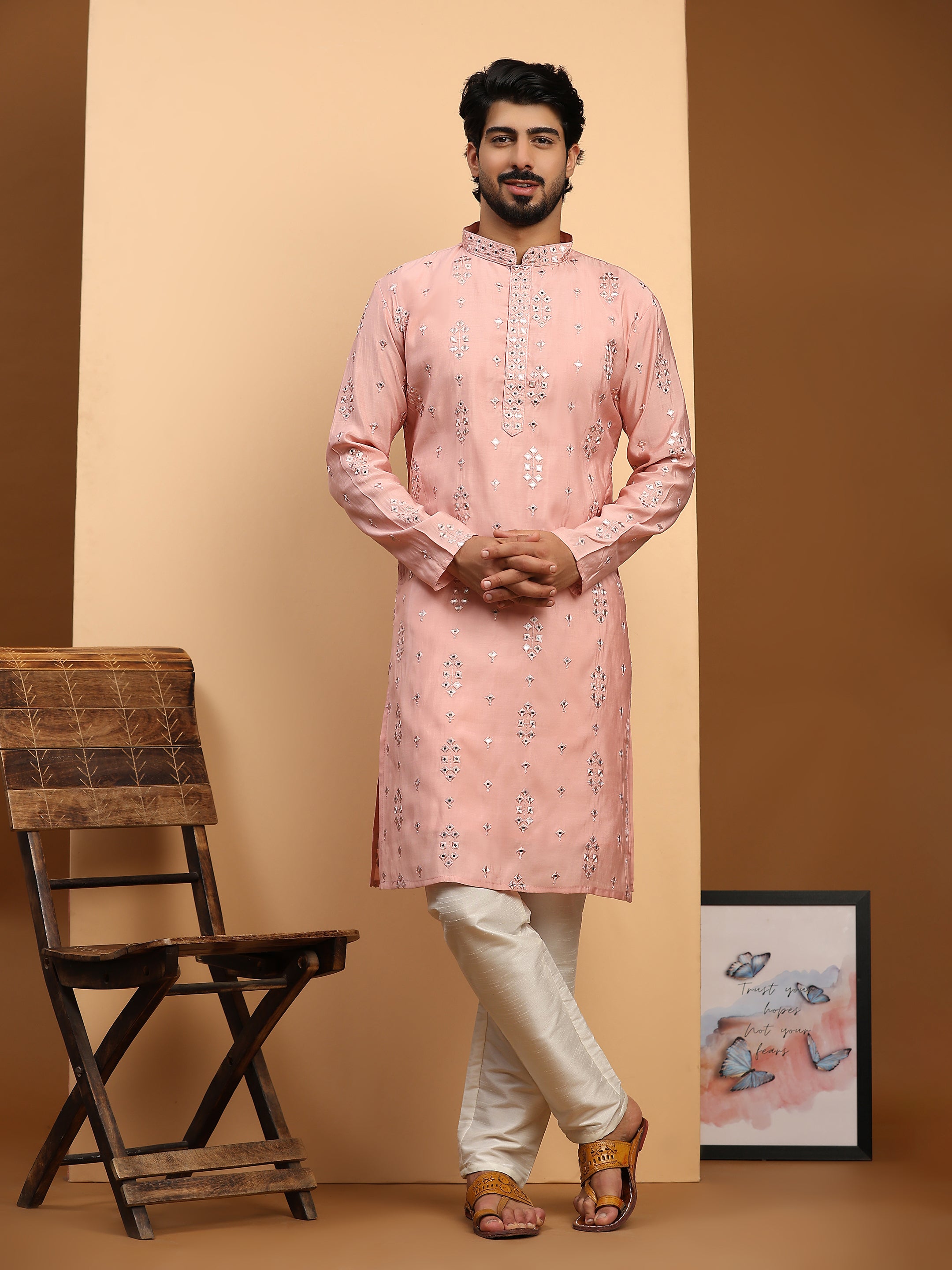 Men's Pink Silk Mirror Kurta Pajama Set