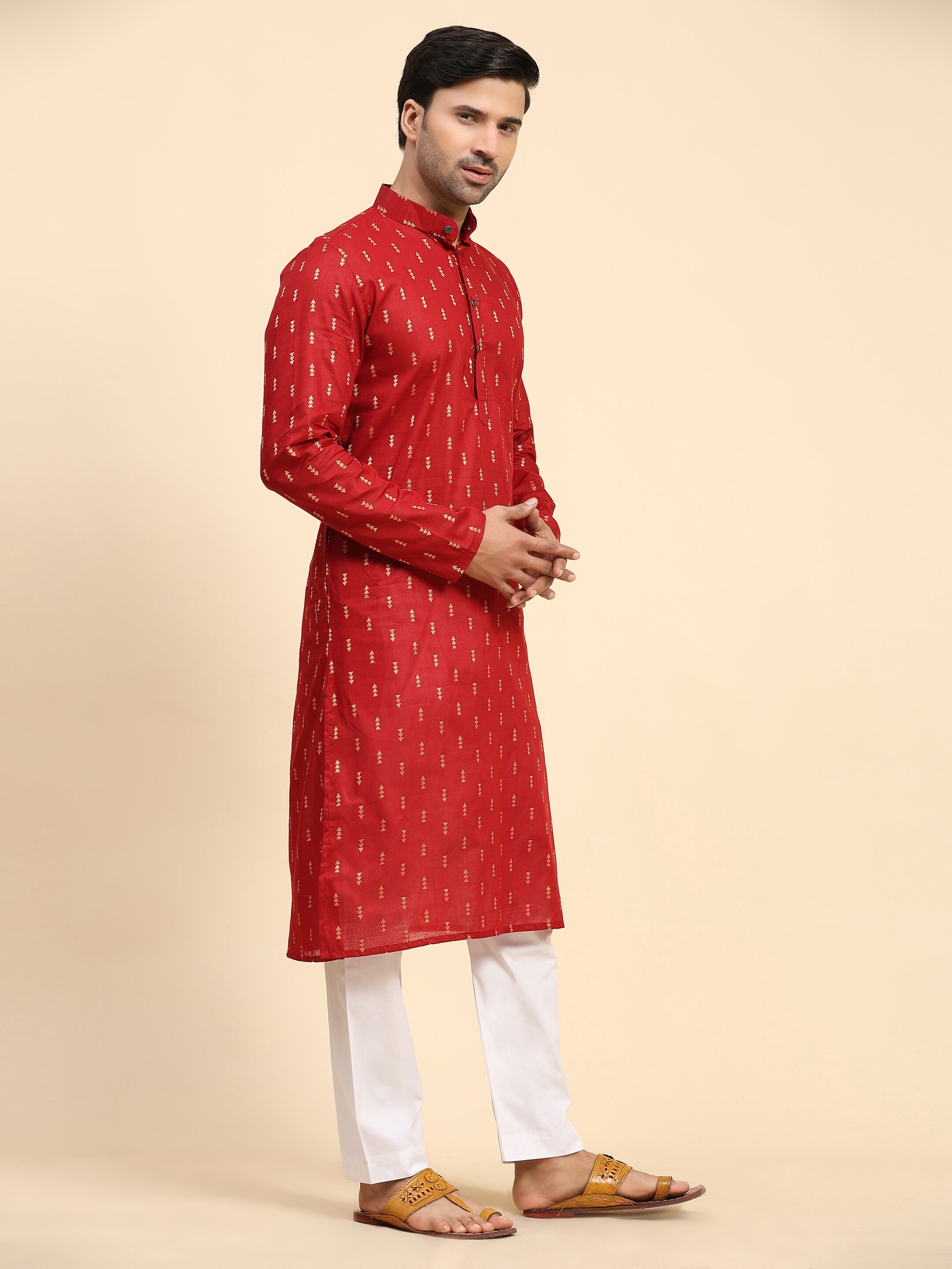 Ensemble pyjama Butti Kurta en coton tissé rouge pour hommes 