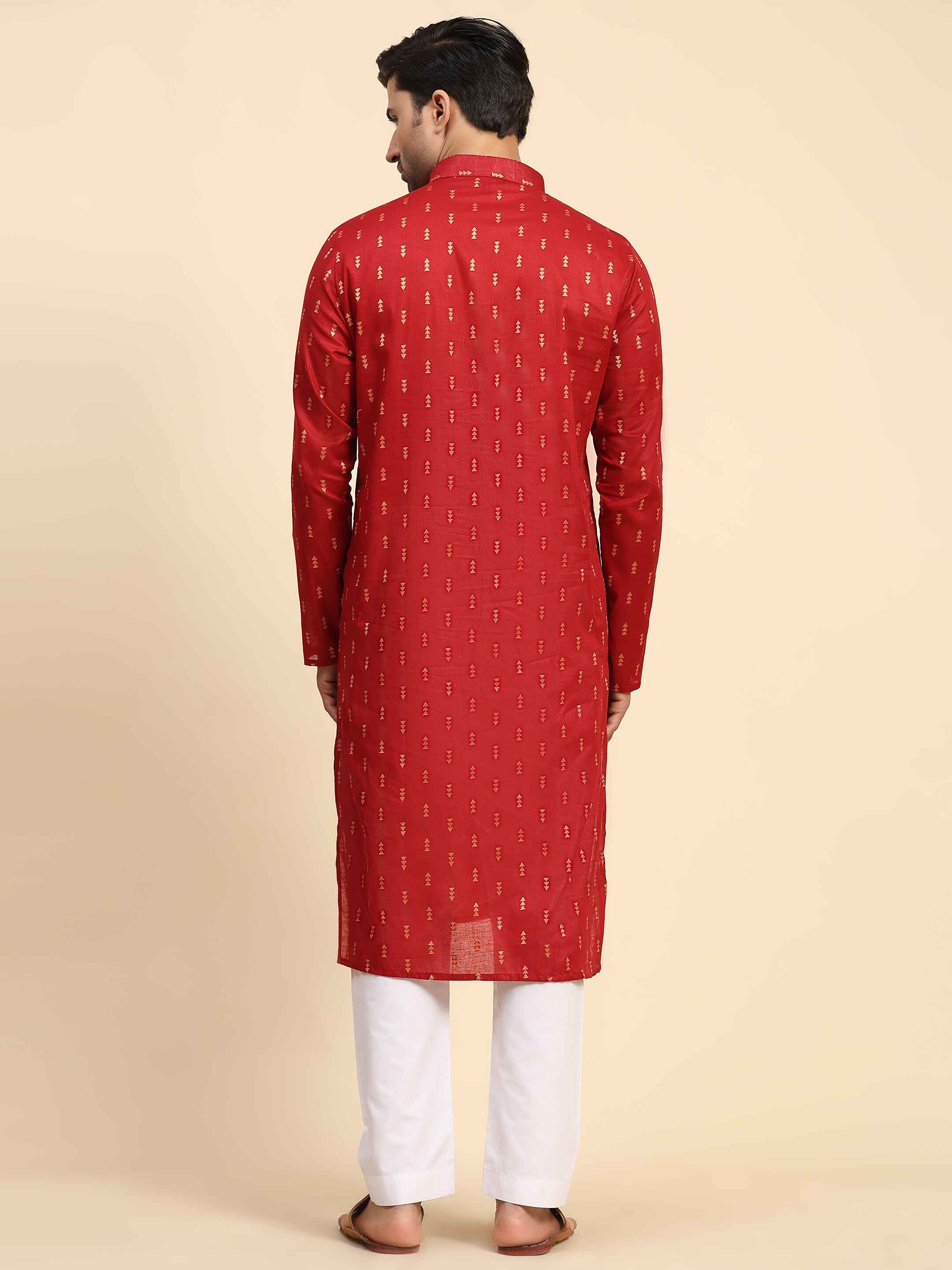 Ensemble pyjama Butti Kurta en coton tissé rouge pour hommes 