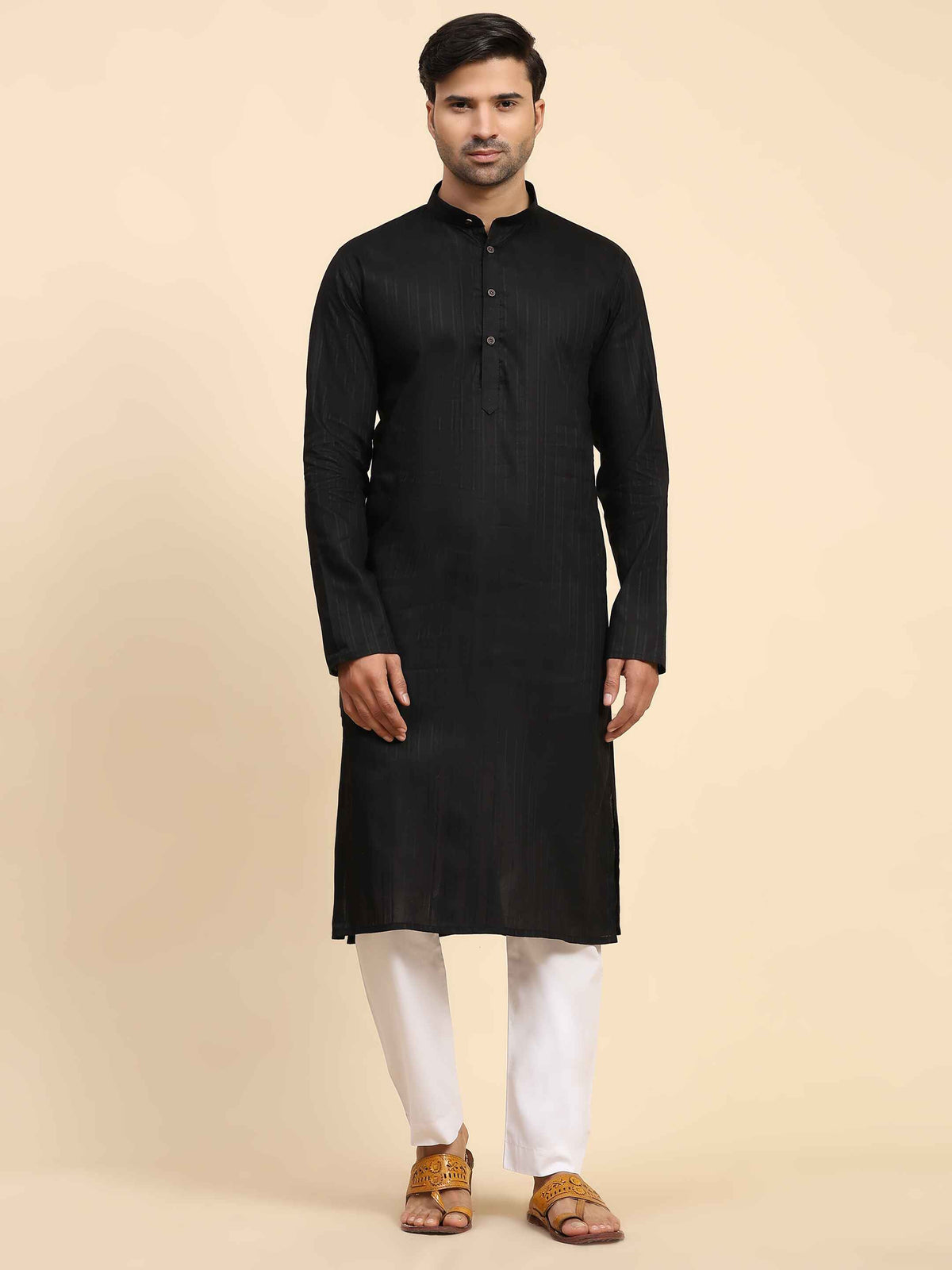 Men's Black Cotton Woven Kurta Pajama Set